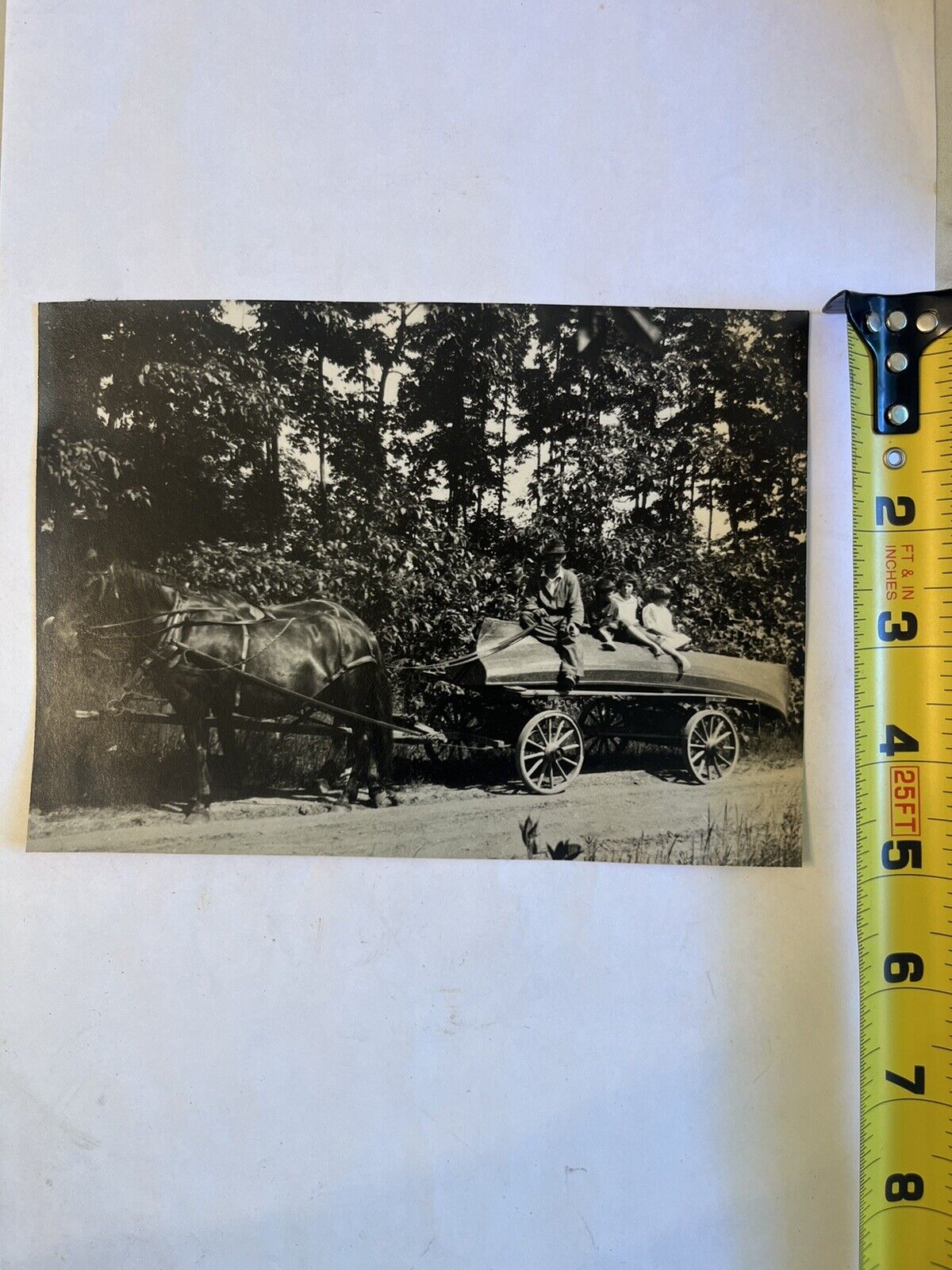 RARE 1900s COOL PHOTO of PEOPLE on BOAT BEING TOWED on WAGON PULLED BY HORSES 👀