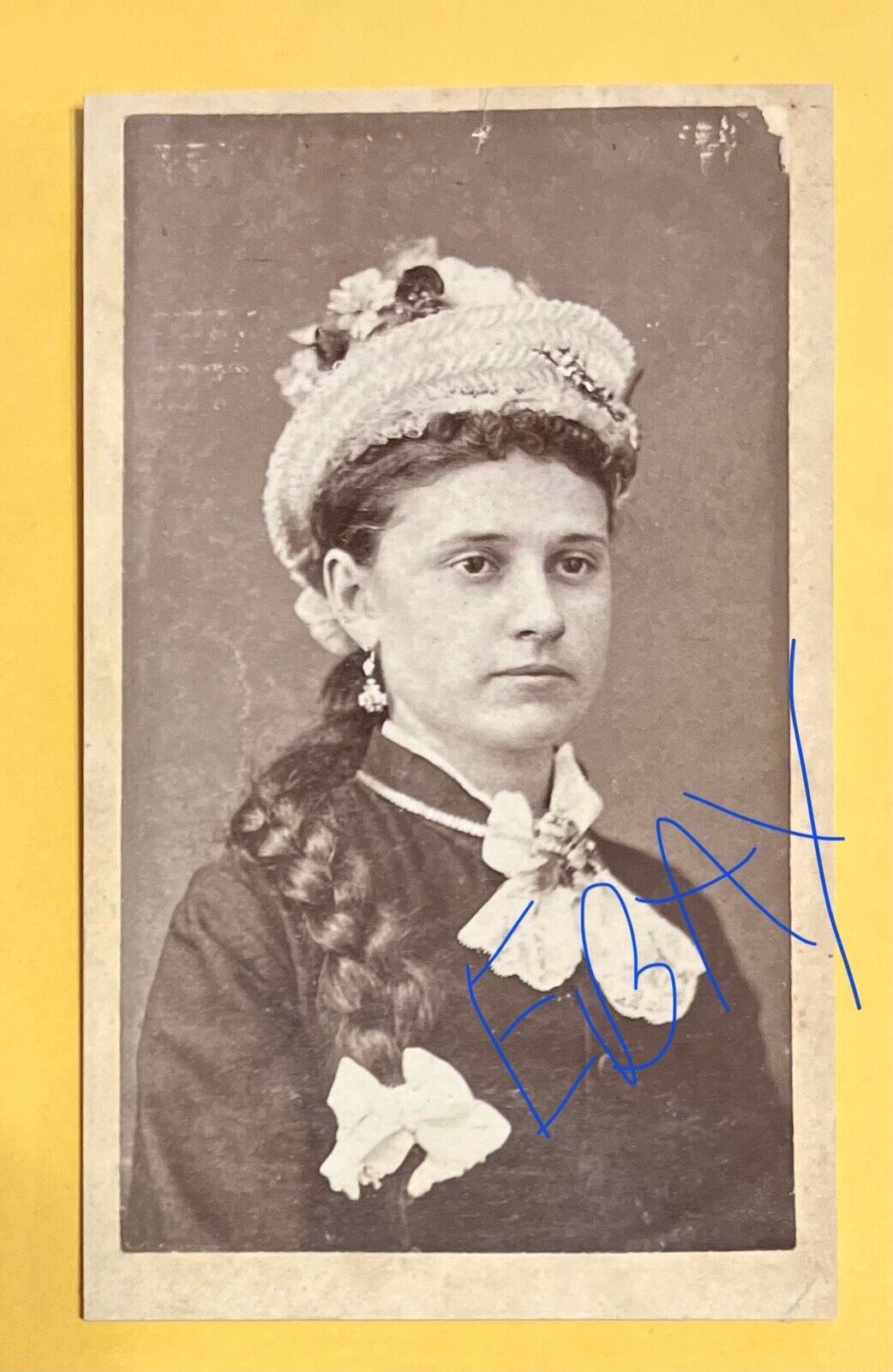 Vintage 1800s CDV Photo Young Woman Long Braid Hair Hat-MILFORD, MICHIGAN -Heath