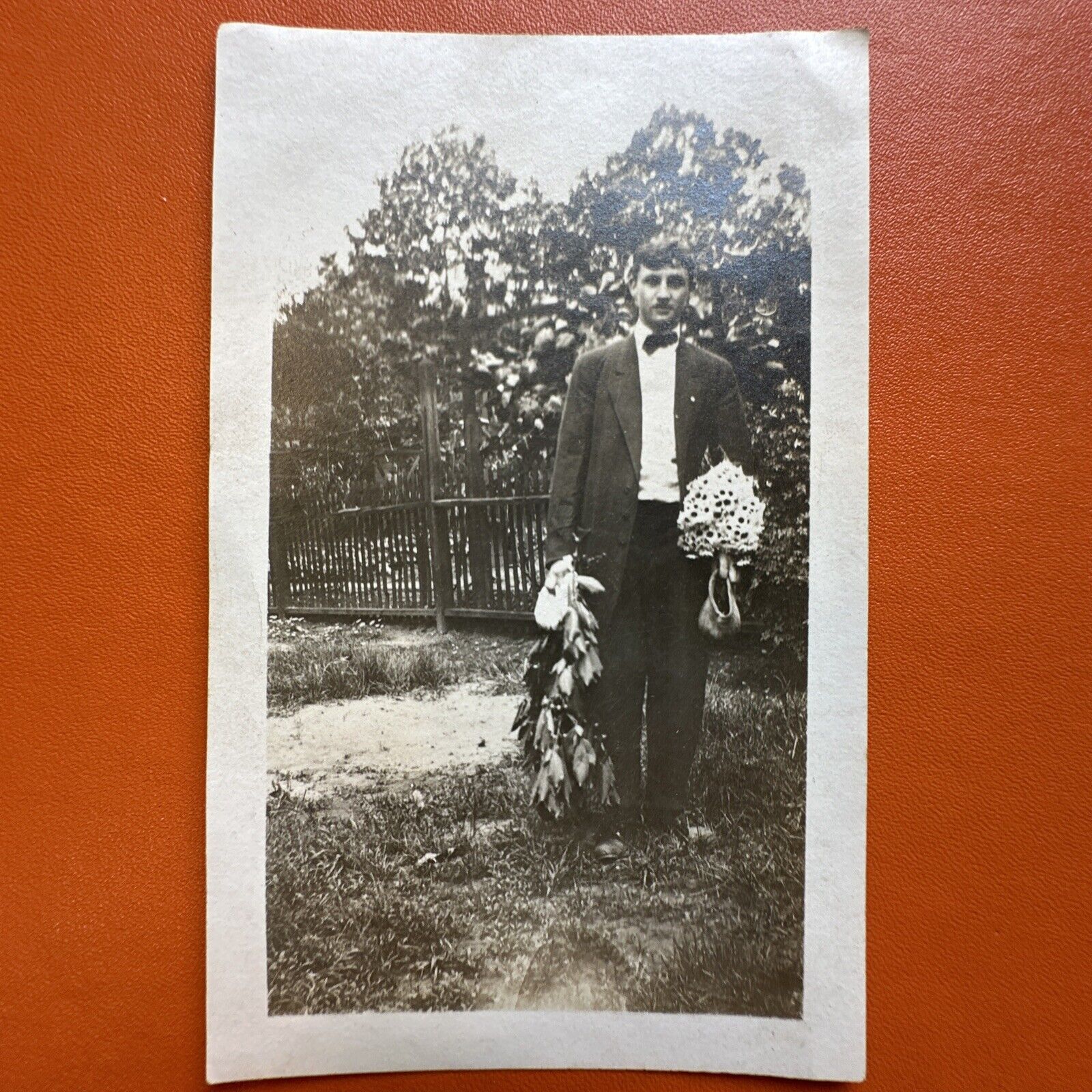 VINTAGE PHOTO Romantic Young Man With Armful Of Flowers Early 1900s ORIGINAL