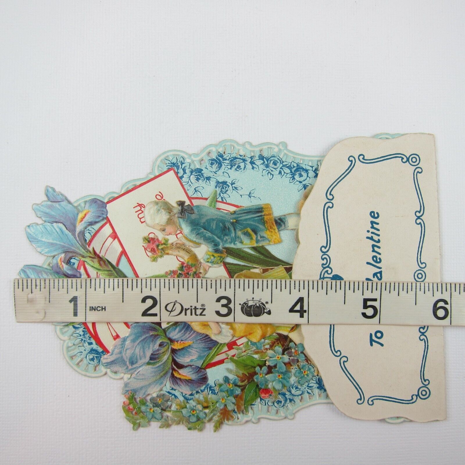 Vintage Valentine 3D Pop Up Die Cut Boy & Girl 1700s Wigs & Dress Blue Flowers