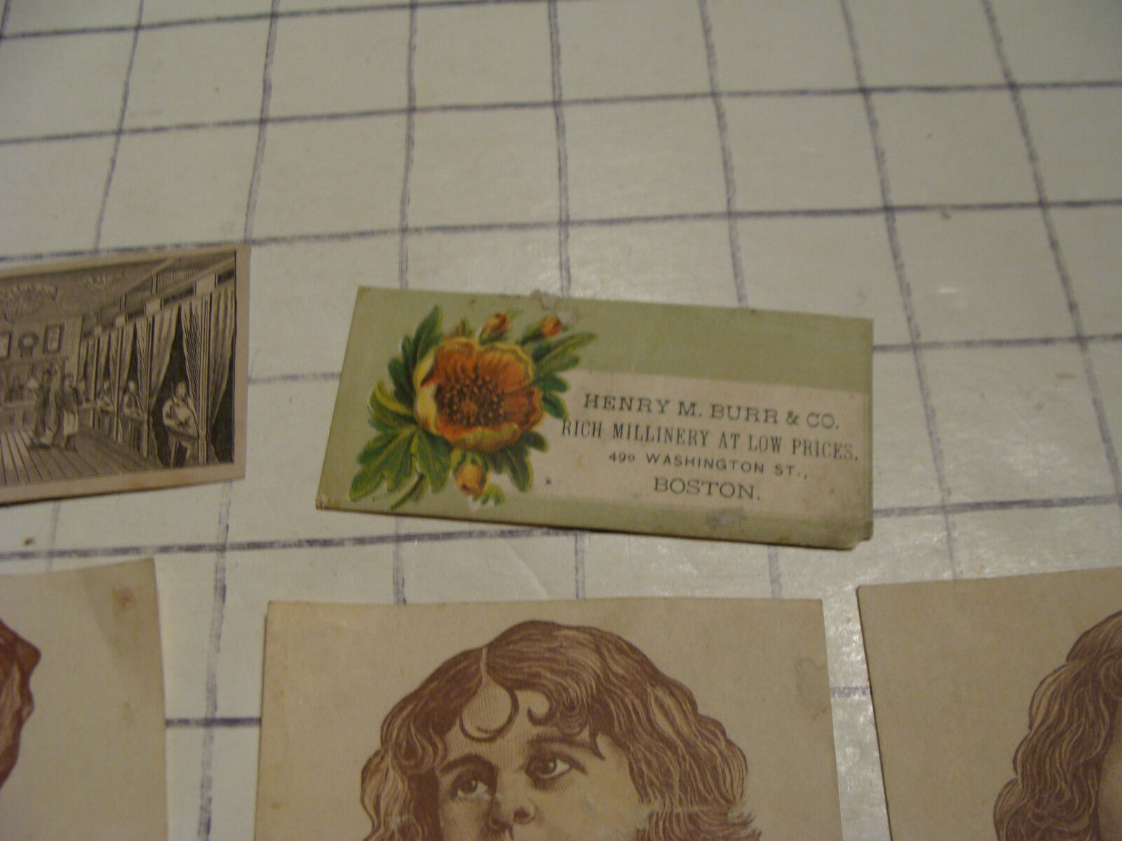12 vintage 1800's misc papers, faces, trade cards, figures, card neat