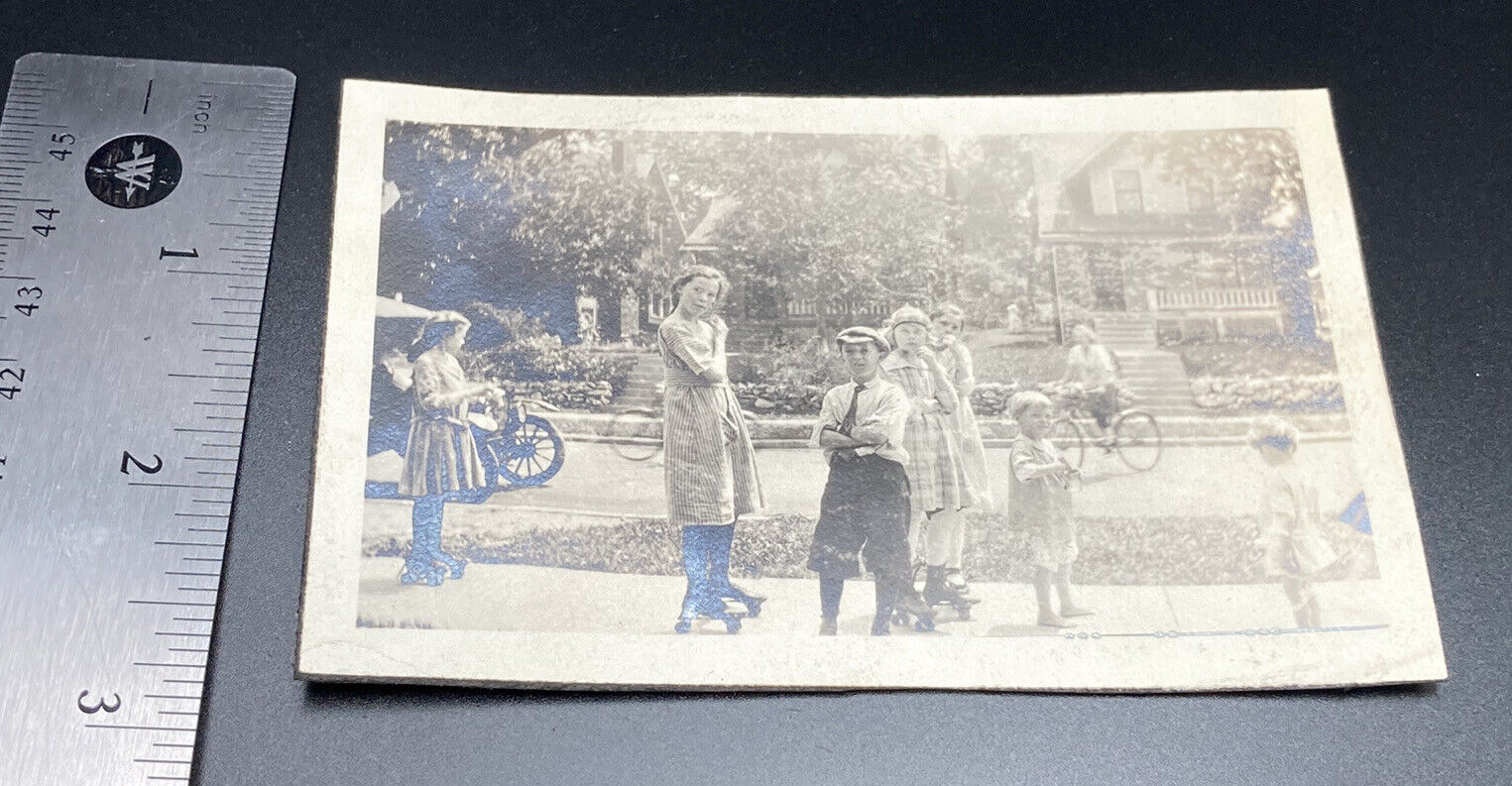 Early 1900s Kids Playing Outside By Street Roller Skates ANTIQUE Photograph