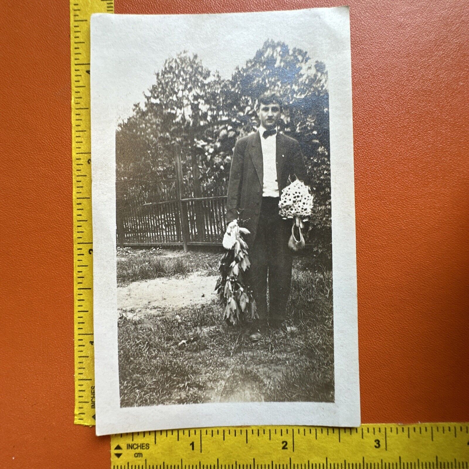VINTAGE PHOTO Romantic Young Man With Armful Of Flowers Early 1900s ORIGINAL