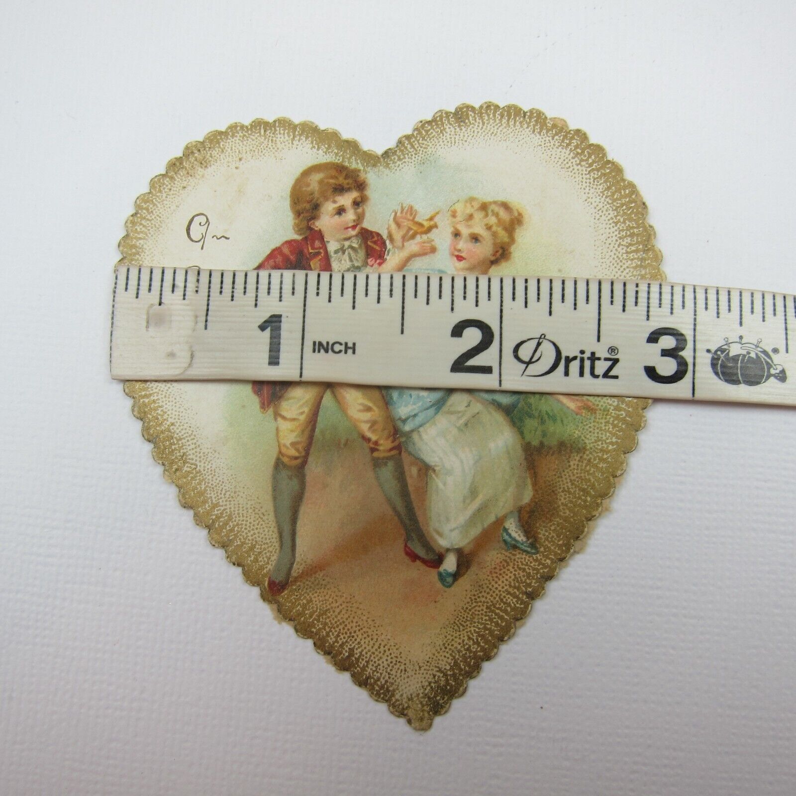 Valentine Card Heart Ephemera Boy Girl Antique 1700s Fashion Red Coat Blue Dress
