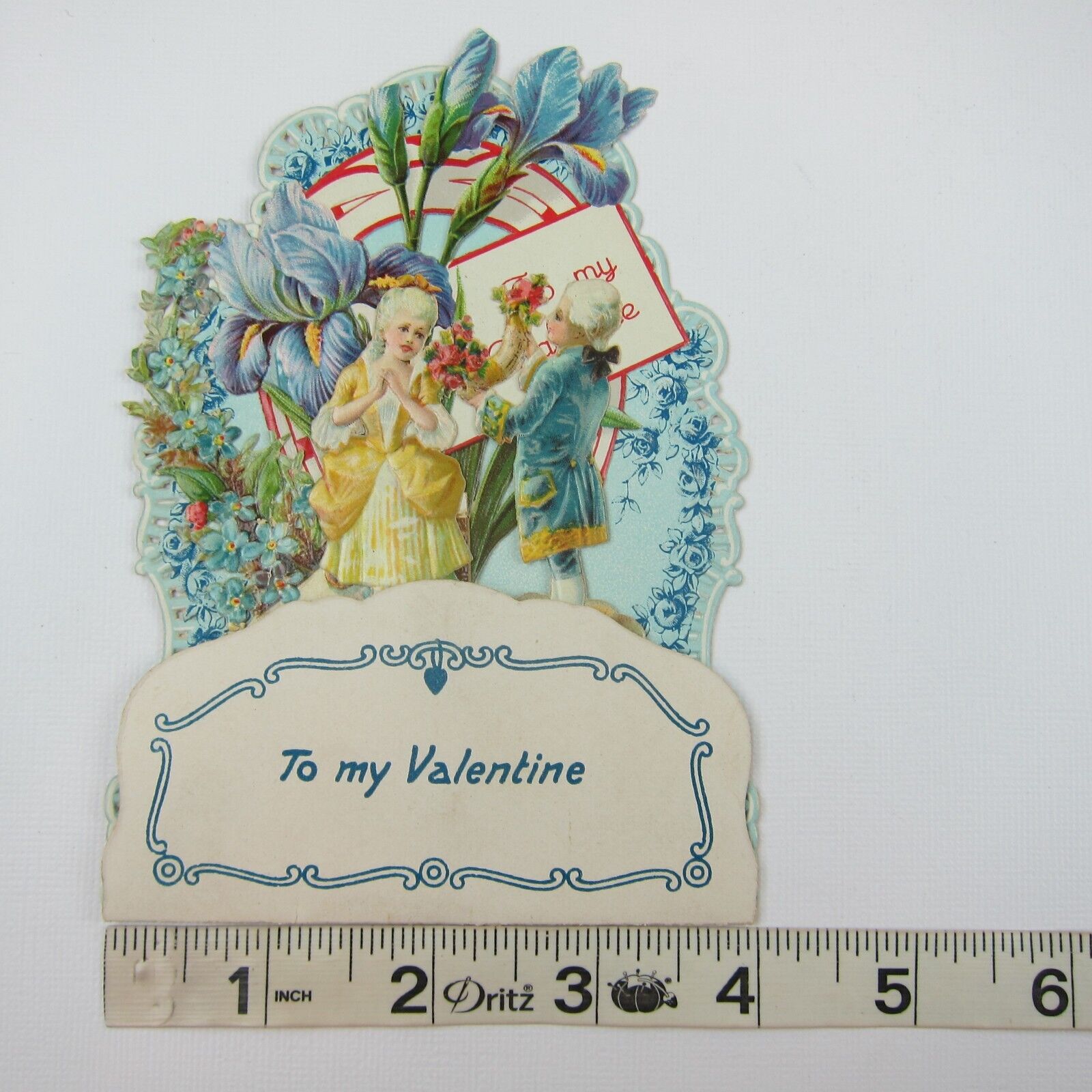 Vintage Valentine 3D Pop Up Die Cut Boy & Girl 1700s Wigs & Dress Blue Flowers