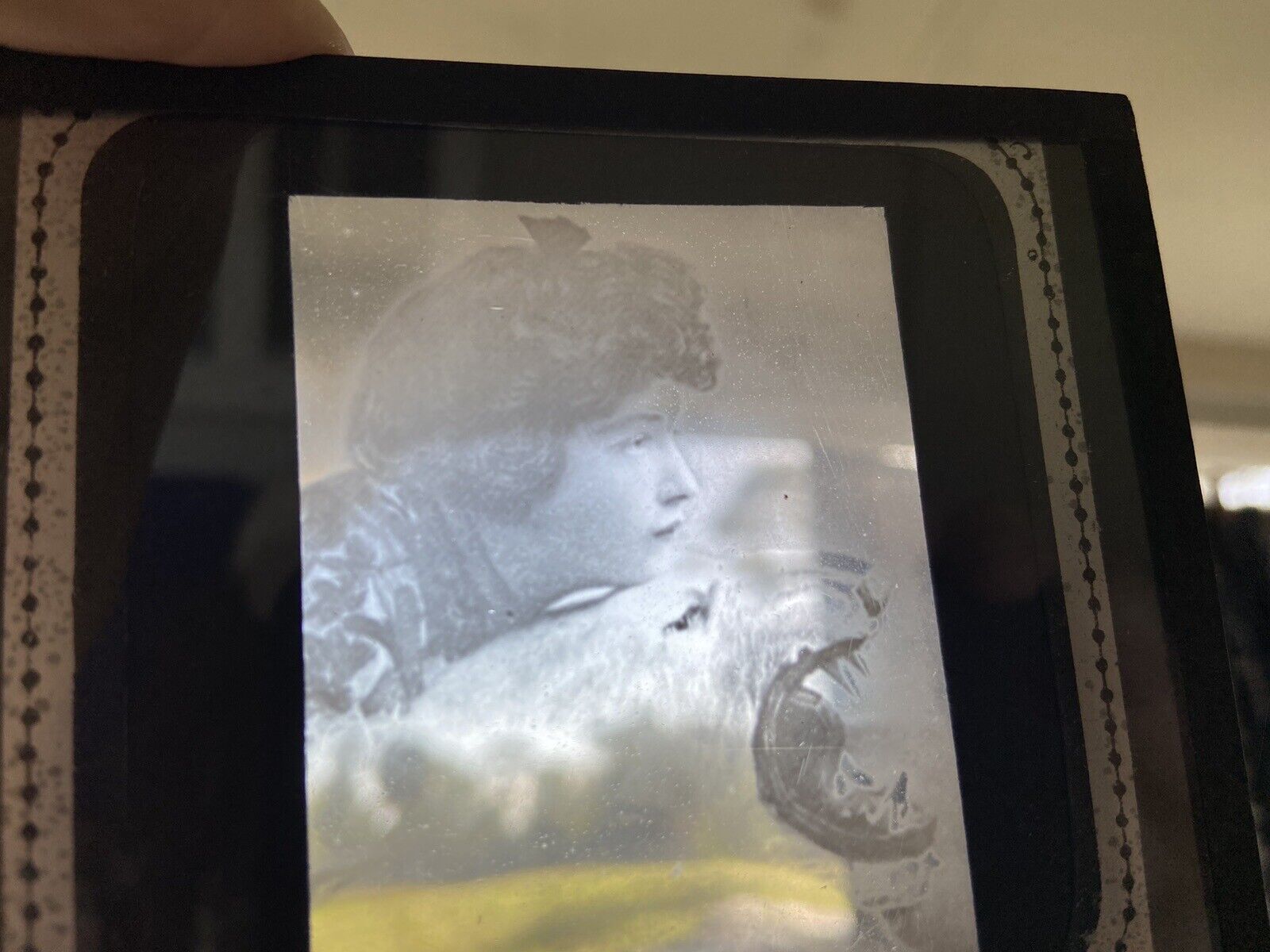 1800’s Artwork Girl And Polar Bear Photographic Negative Glass Silver Slide