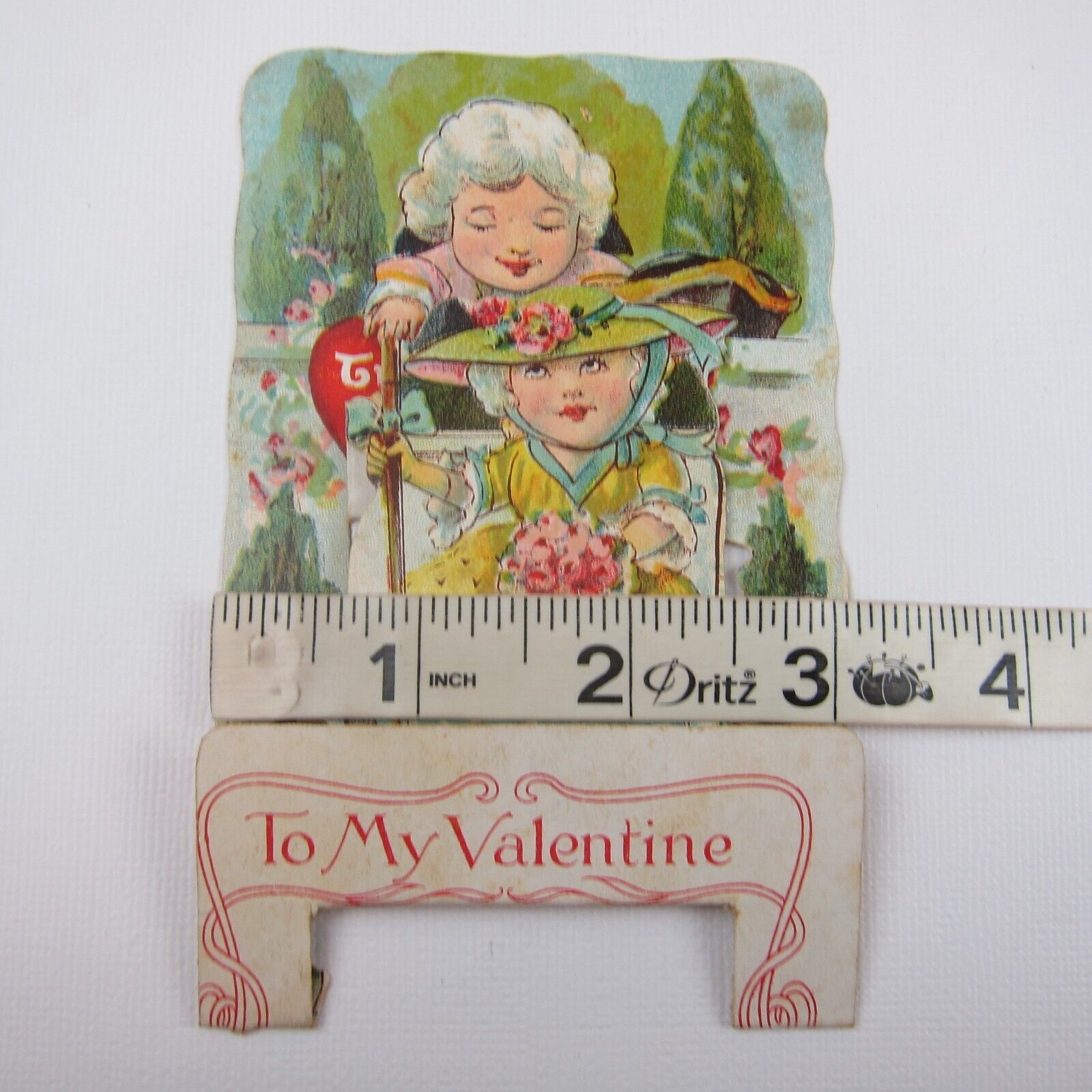 Vintage Valentine 3D Pop Up Die Cut Boy & Girl 1700s Wigs & Dress Pink Flowers