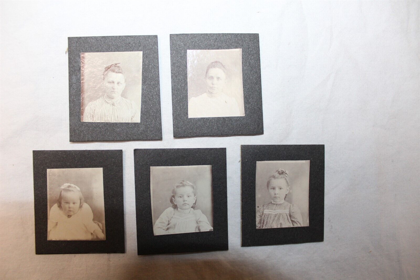  1900's Mini Photos Black & White Lot of 5 Photos Adults 7 Children Antique