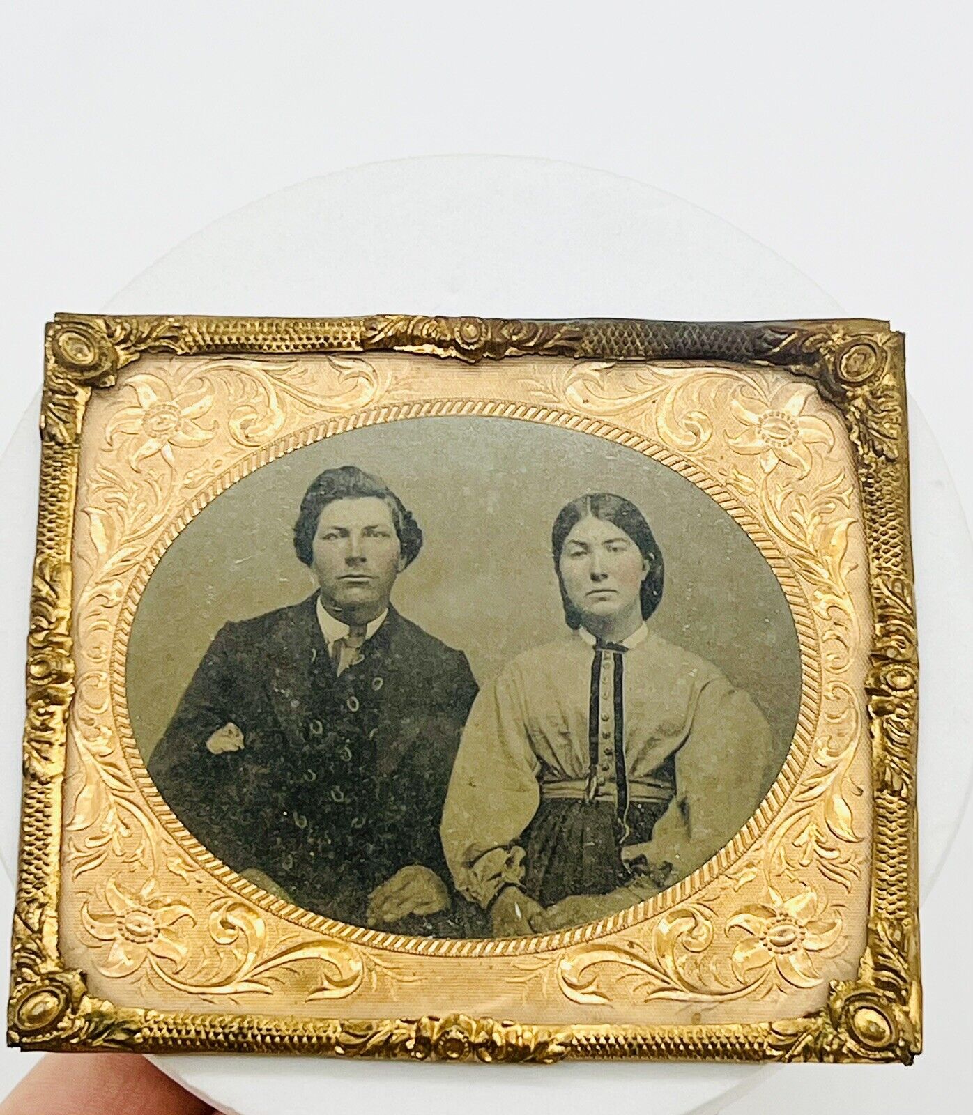 1800s Ambrotype Collodion Black & White Photograph Husband Wife Gold Frame