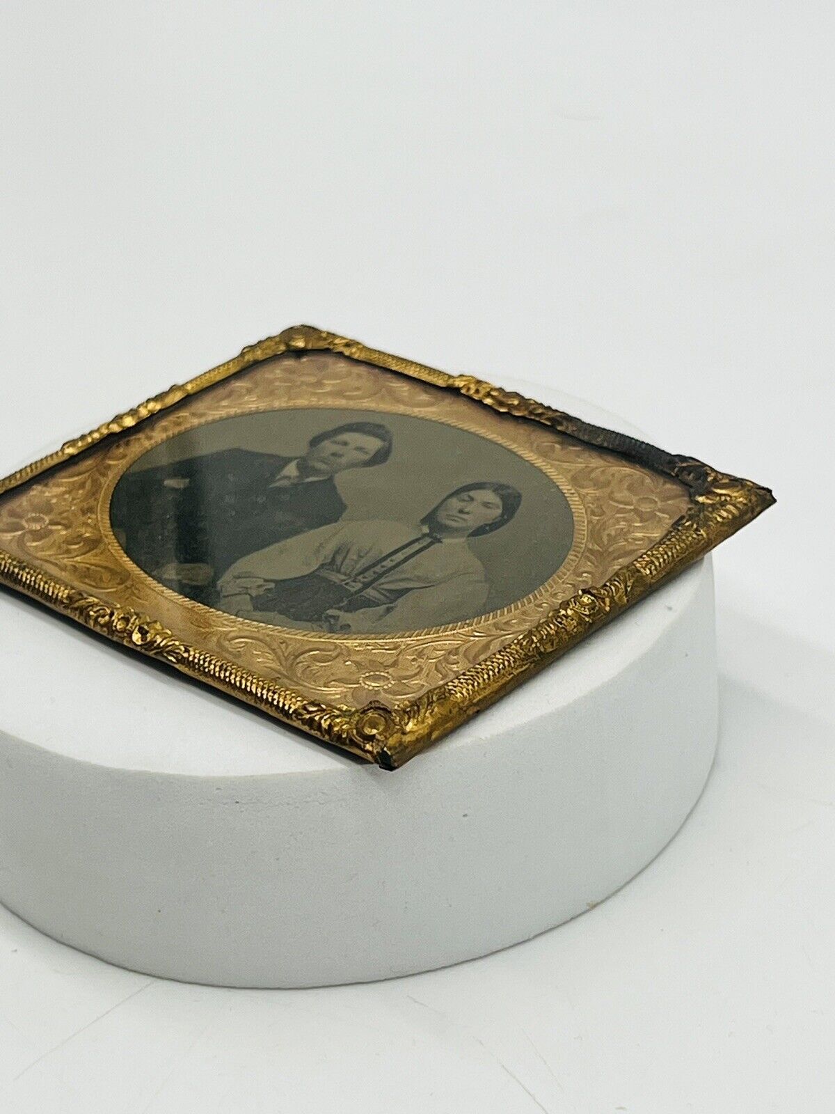 1800s Ambrotype Collodion Black & White Photograph Husband Wife Gold Frame