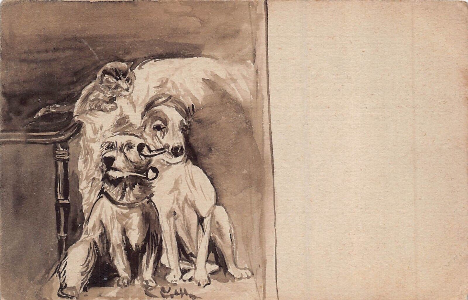 CAT WATCHES 2 PIPE SMOKING DOGS~1900s ARTIST SIGNED POSTCARD