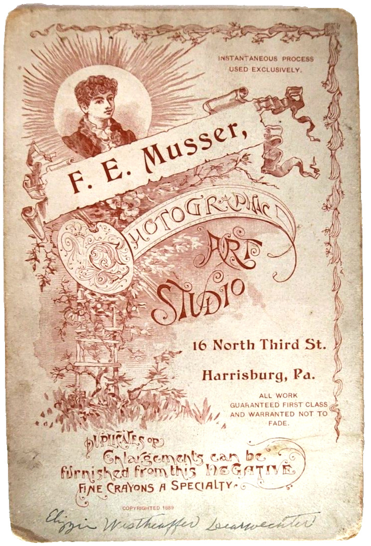 Antique Photo Cabinet Card 1800s Mussers Studio, Harrisburg, PA