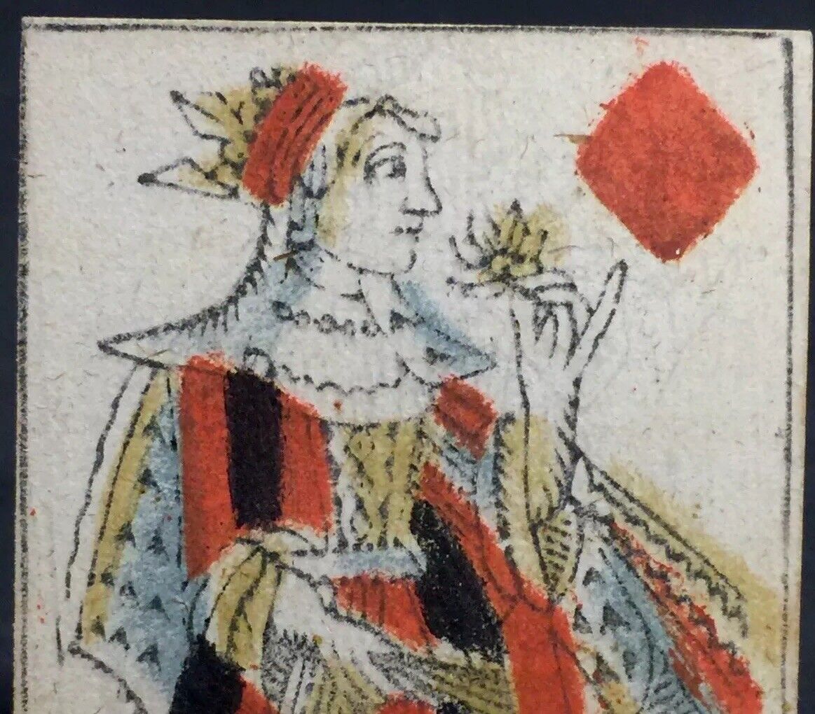 1700’s Queen Antique Playing Cards Quill Scripted Woodcut Rare Document Single