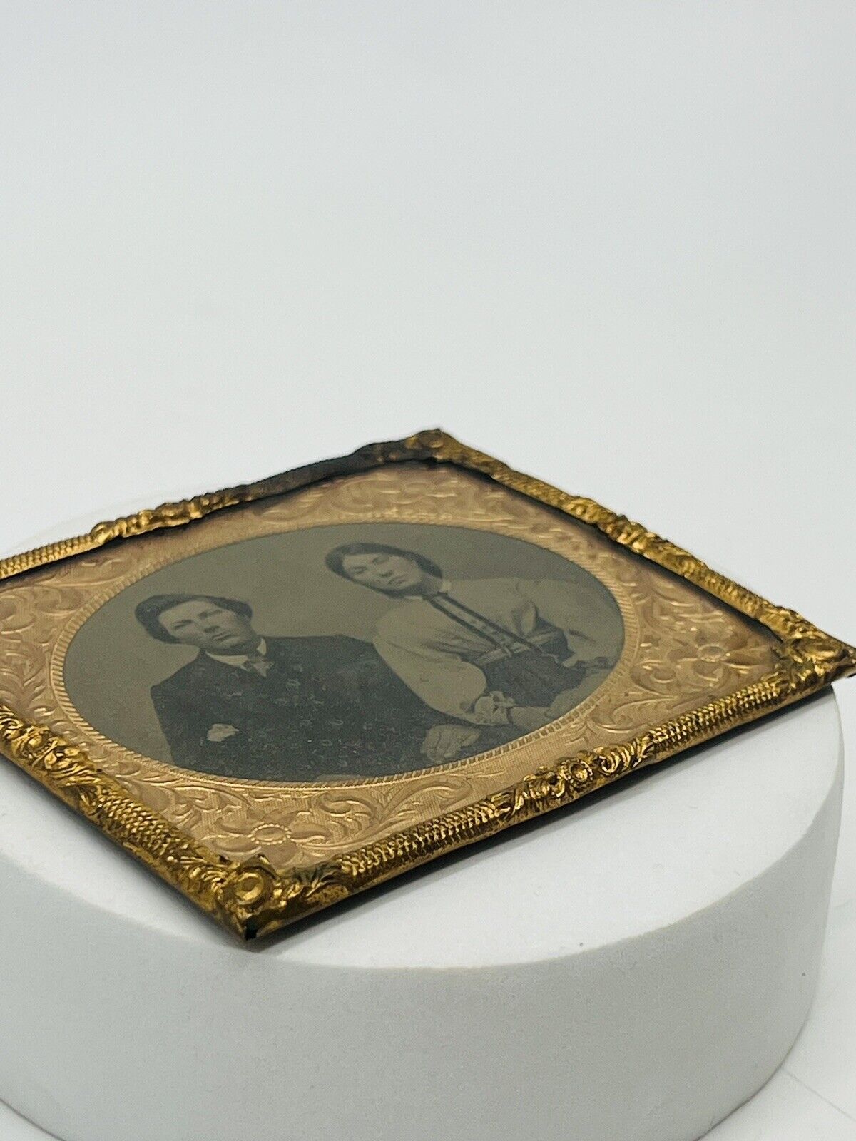 1800s Ambrotype Collodion Black & White Photograph Husband Wife Gold Frame