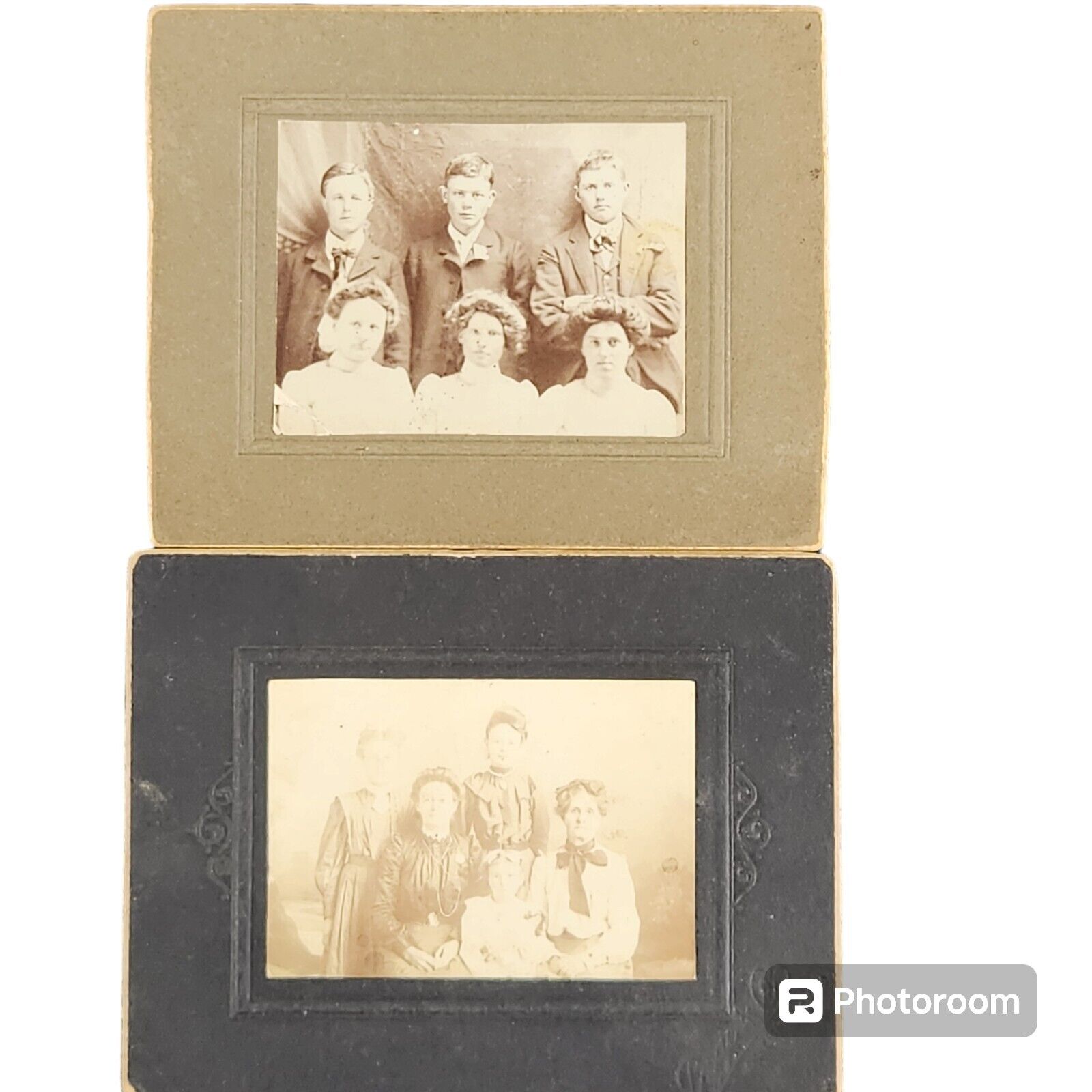 2 Antique 1800s-1900s Studio Cabinet Photographs Black White Photos Cardstock