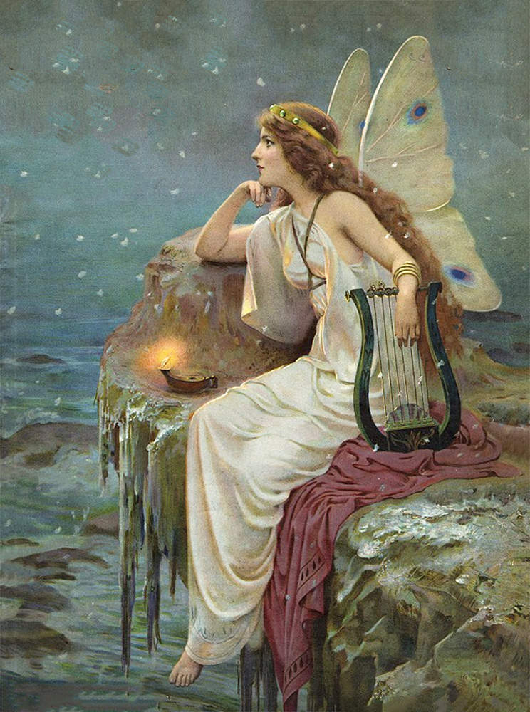 vintage art early 1900s Angel on Cliff in Snow watching the Snow
