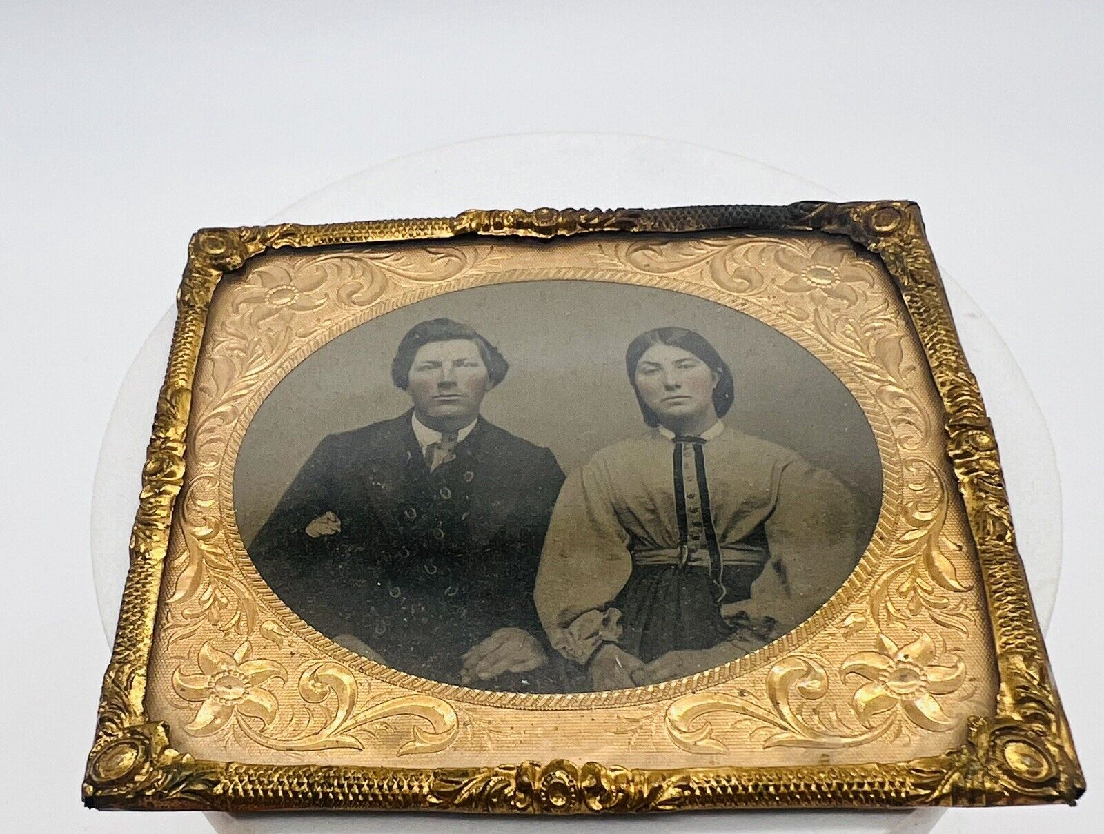 1800s Ambrotype Collodion Black & White Photograph Husband Wife Gold Frame