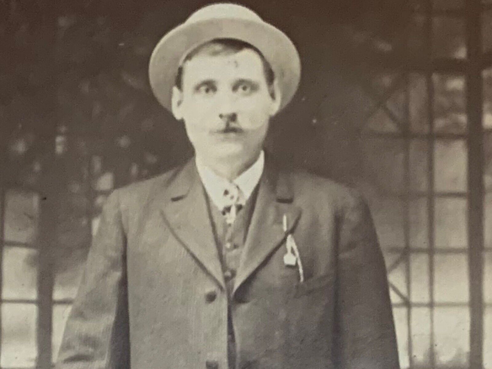 Antique Photography Early 1900s Man With Straw Hat 3 Pc Suit Pocket Watch Fancy