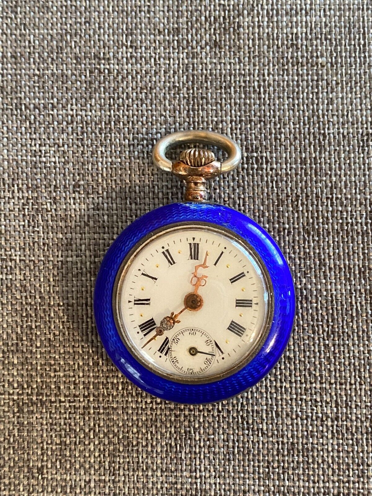 Ladies STERLING SILVER Antique POCKET WATCH Blue French Enamel Fleur-de-lis