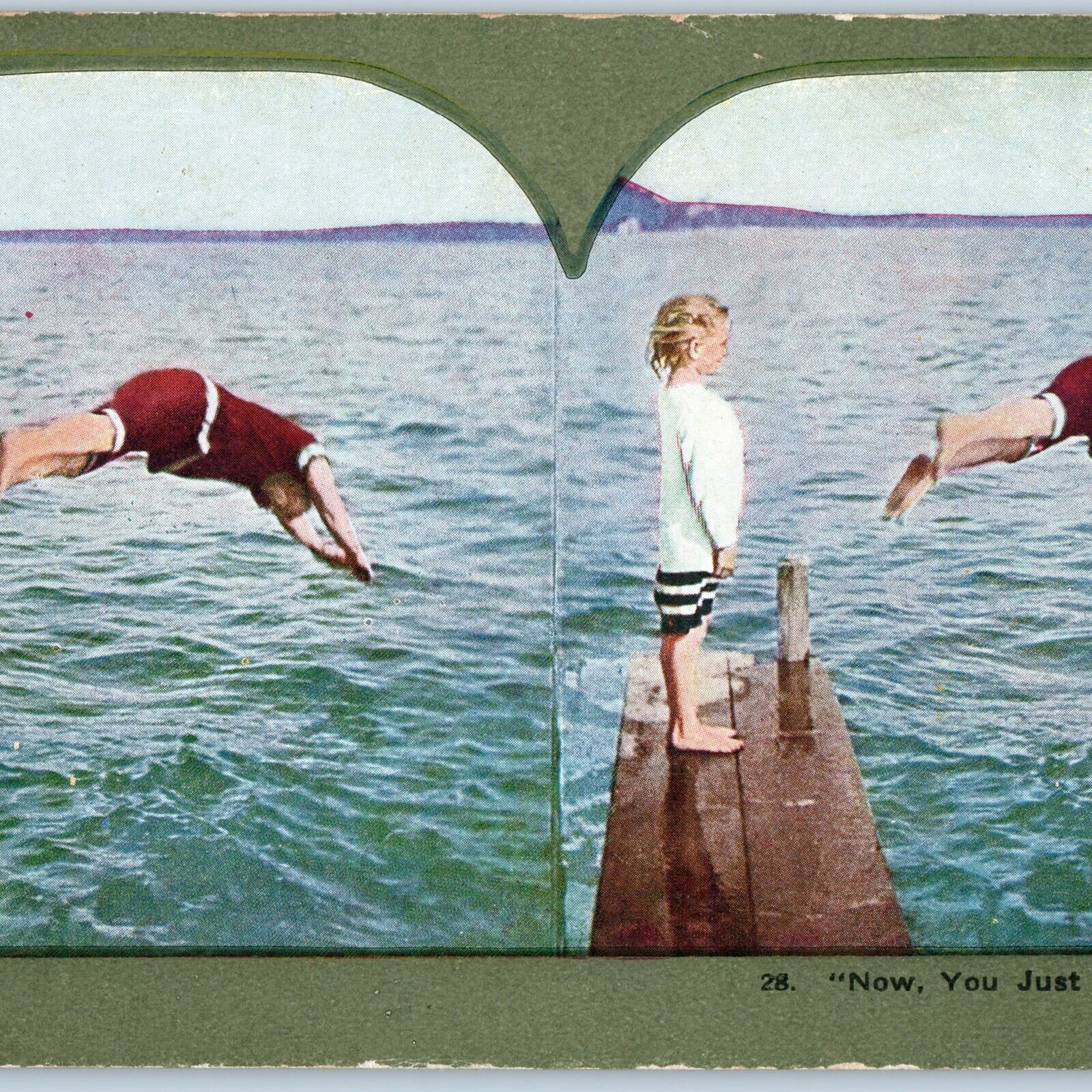 c1900s Girl Watches Father Dive Learn Swimming Pier Stereoview V37