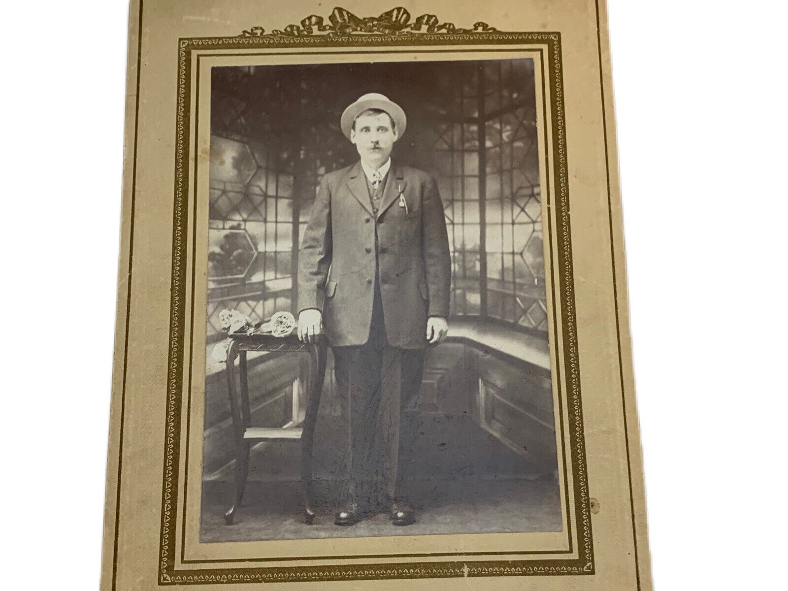 Antique Photography Early 1900s Man With Straw Hat 3 Pc Suit Pocket Watch Fancy