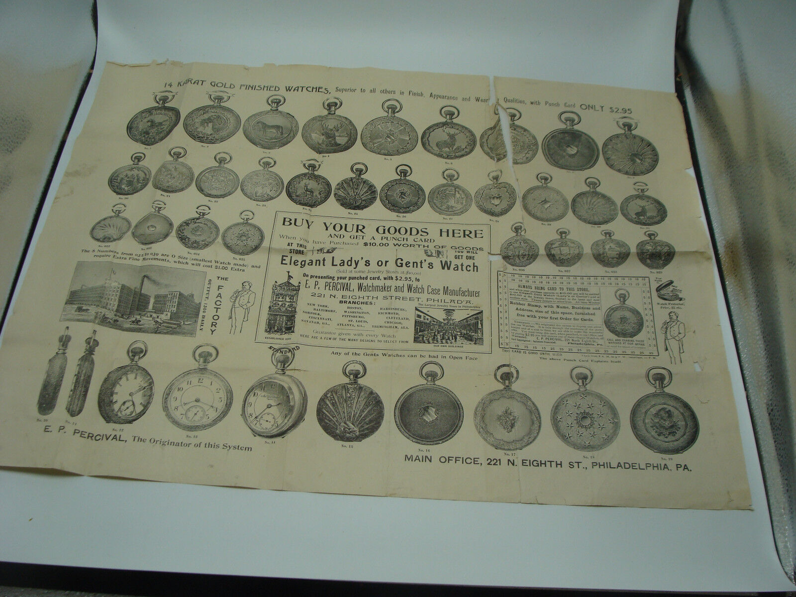 original E P PERCIVAL -- 1800's WATCH BROADSIDE -- 18 x 23" 