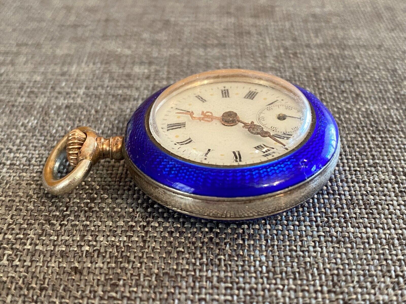 Ladies STERLING SILVER Antique POCKET WATCH Blue French Enamel Fleur-de-lis