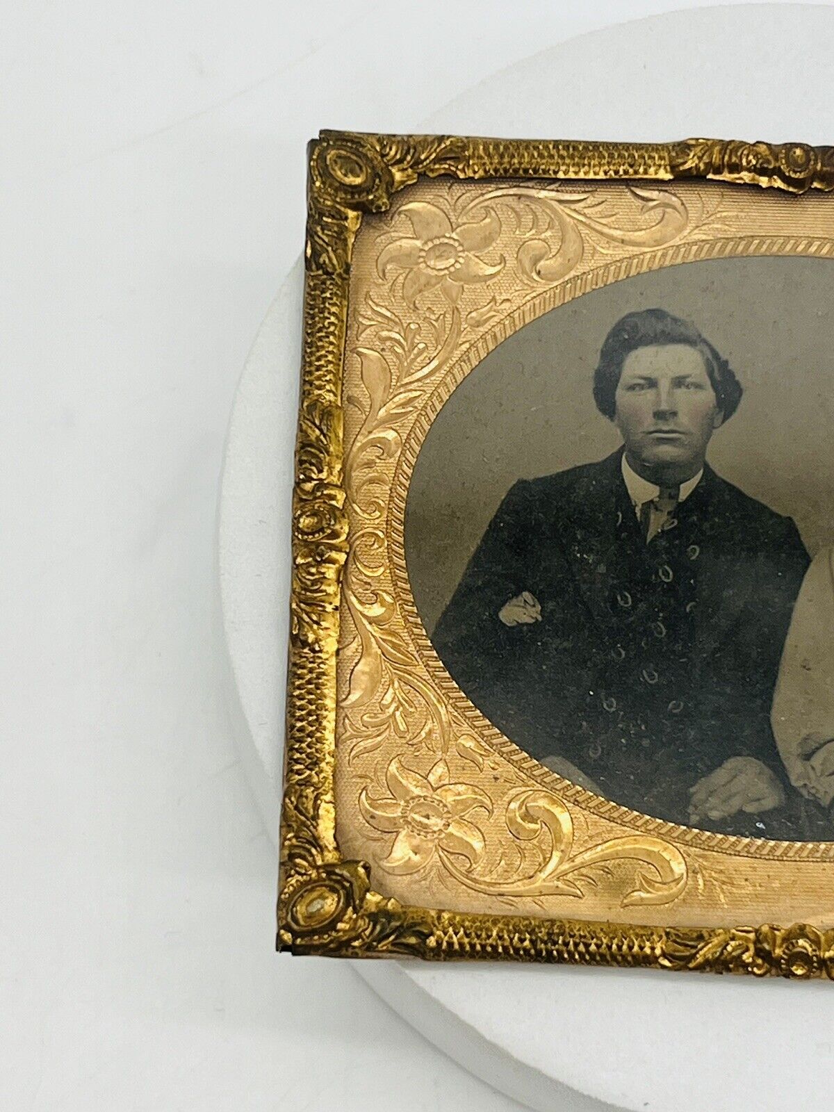 1800s Ambrotype Collodion Black & White Photograph Husband Wife Gold Frame