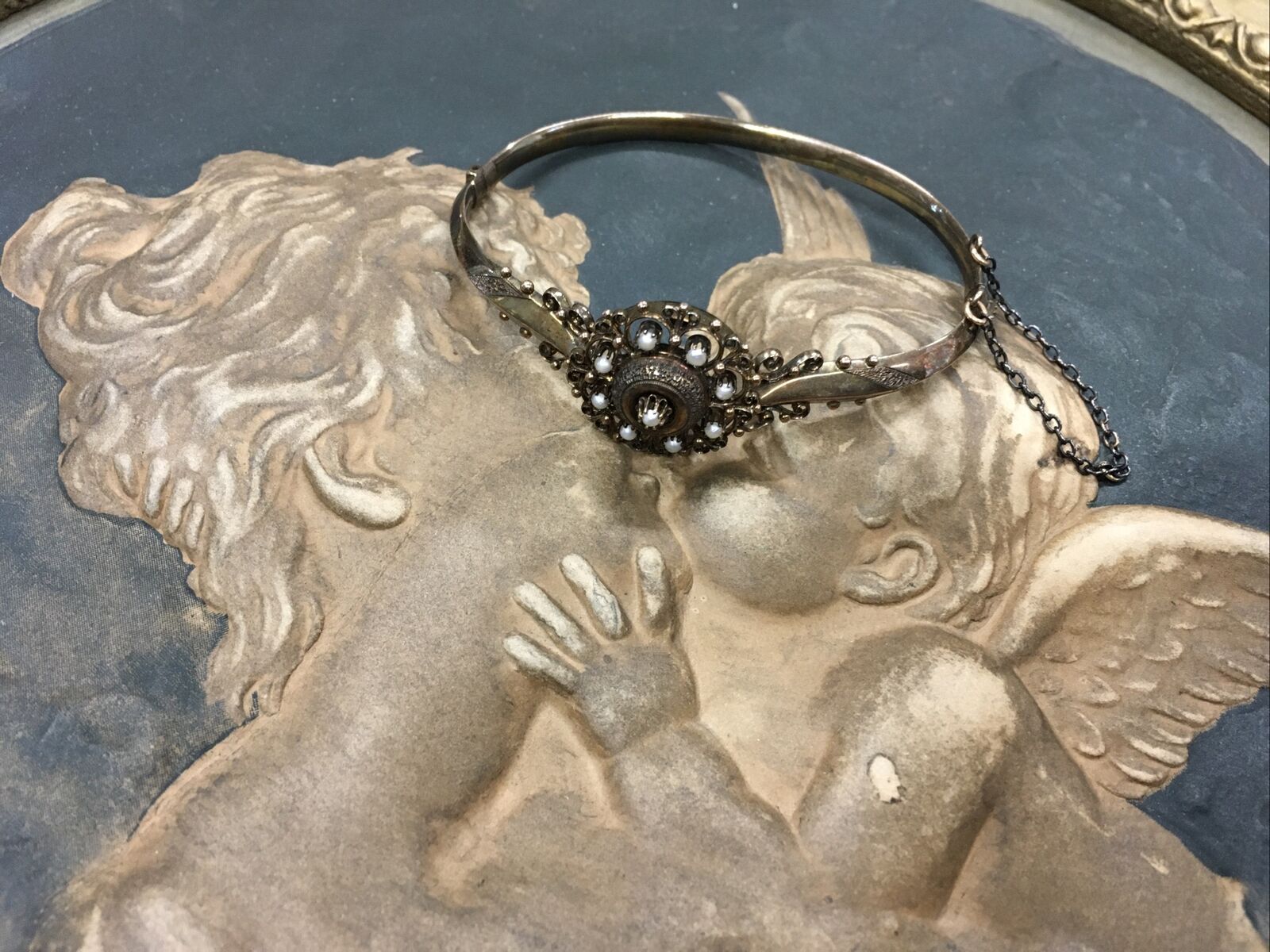 ANTIQUE 1800s GOLD FILLED BANGLE BRACELET SEED PEARLS CHAIN STUNNING