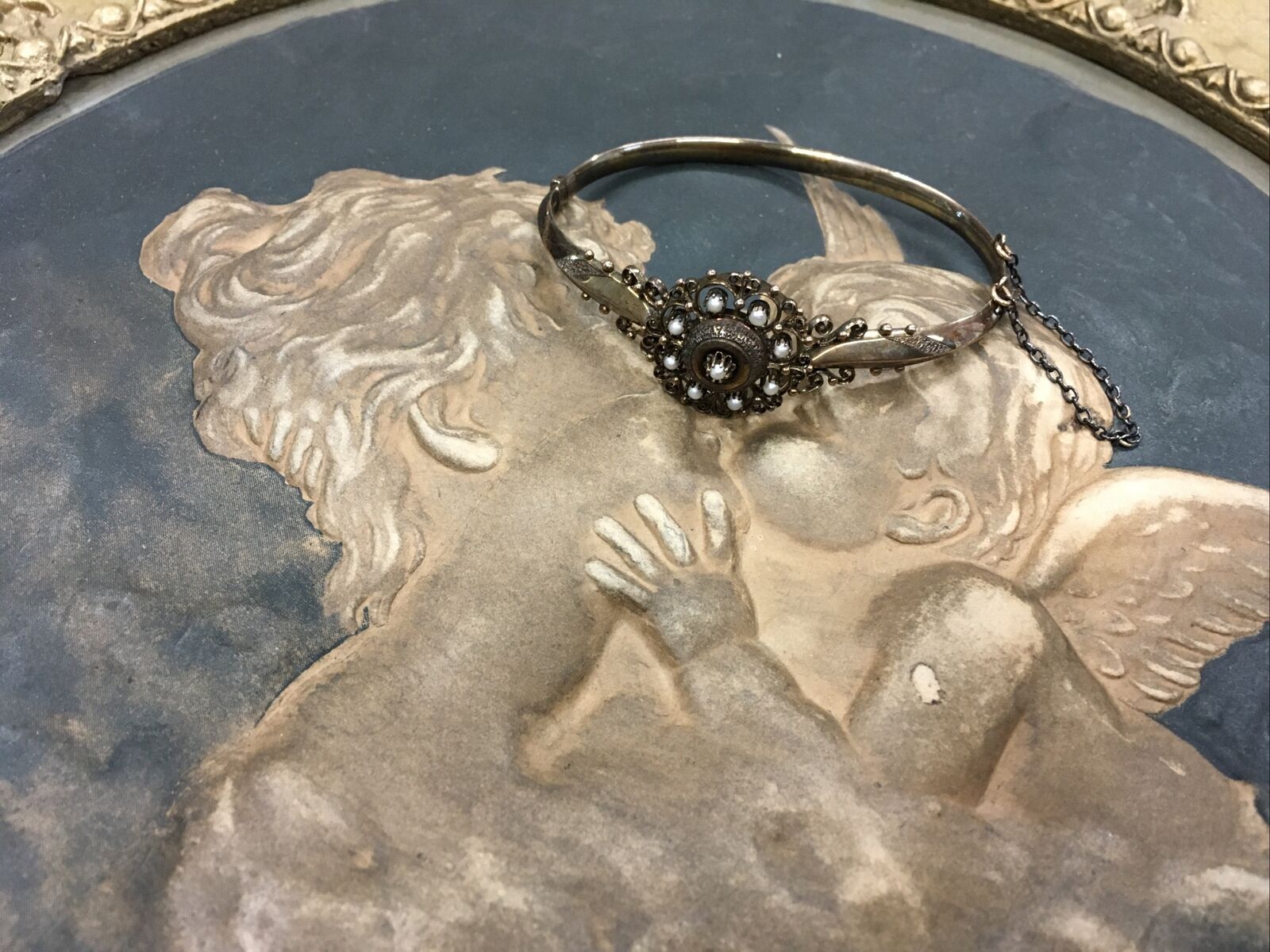 ANTIQUE 1800s GOLD FILLED BANGLE BRACELET SEED PEARLS CHAIN STUNNING