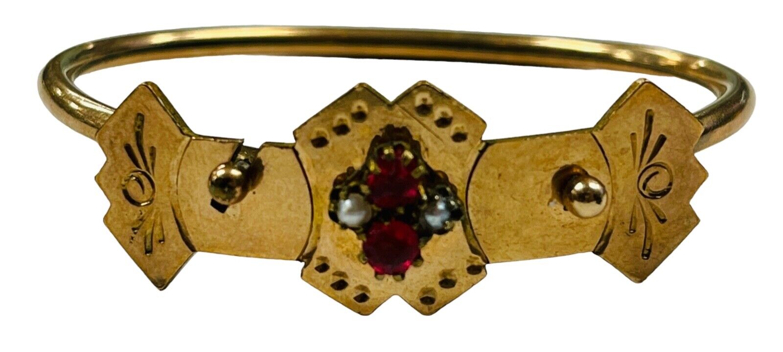 Pair Victorian 1800's Gold Filled Garnet Seed Pearl Cuff Bracelets Locking Clasp
