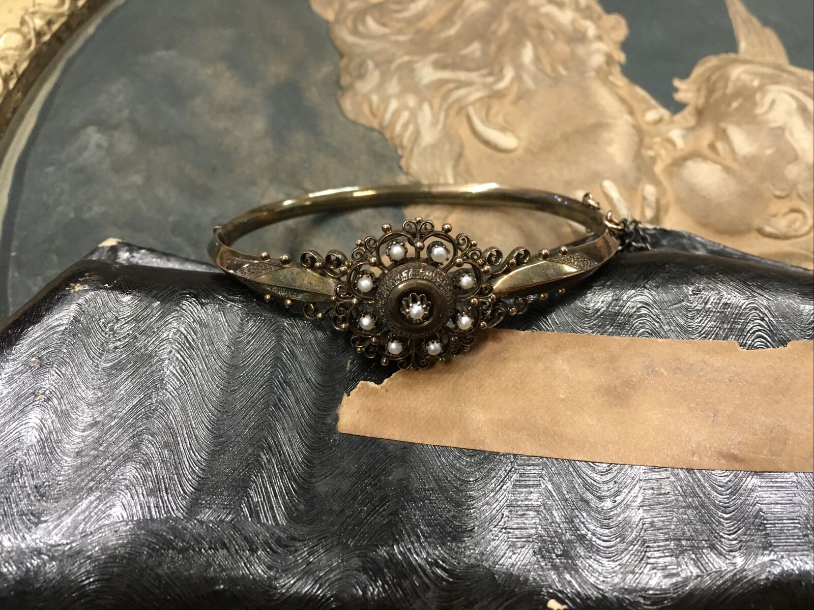 ANTIQUE 1800s GOLD FILLED BANGLE BRACELET SEED PEARLS CHAIN STUNNING