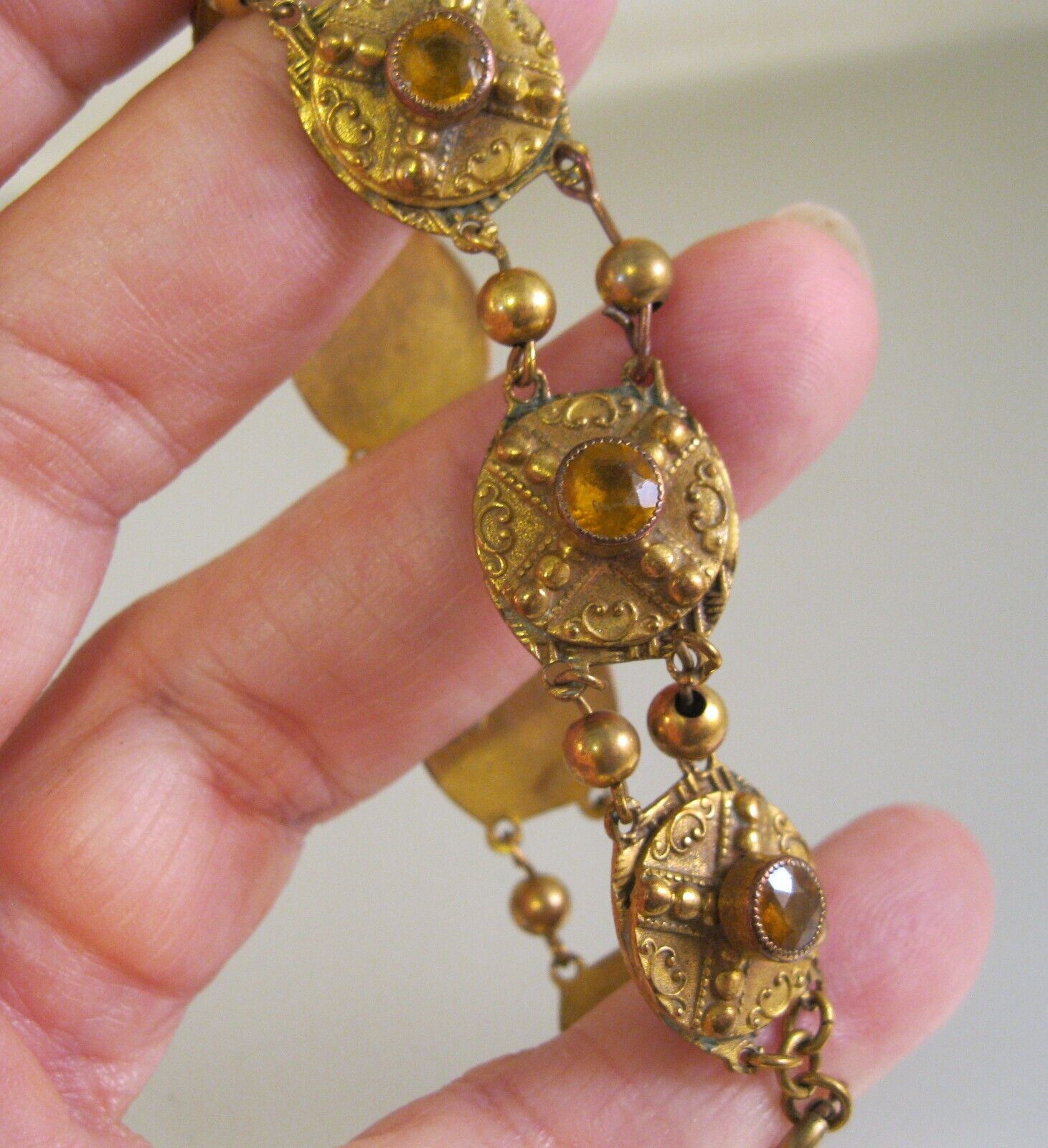Antique 1800's Victorian Citrine Glass Gold Filled Bracelet 7.5" Jewelry