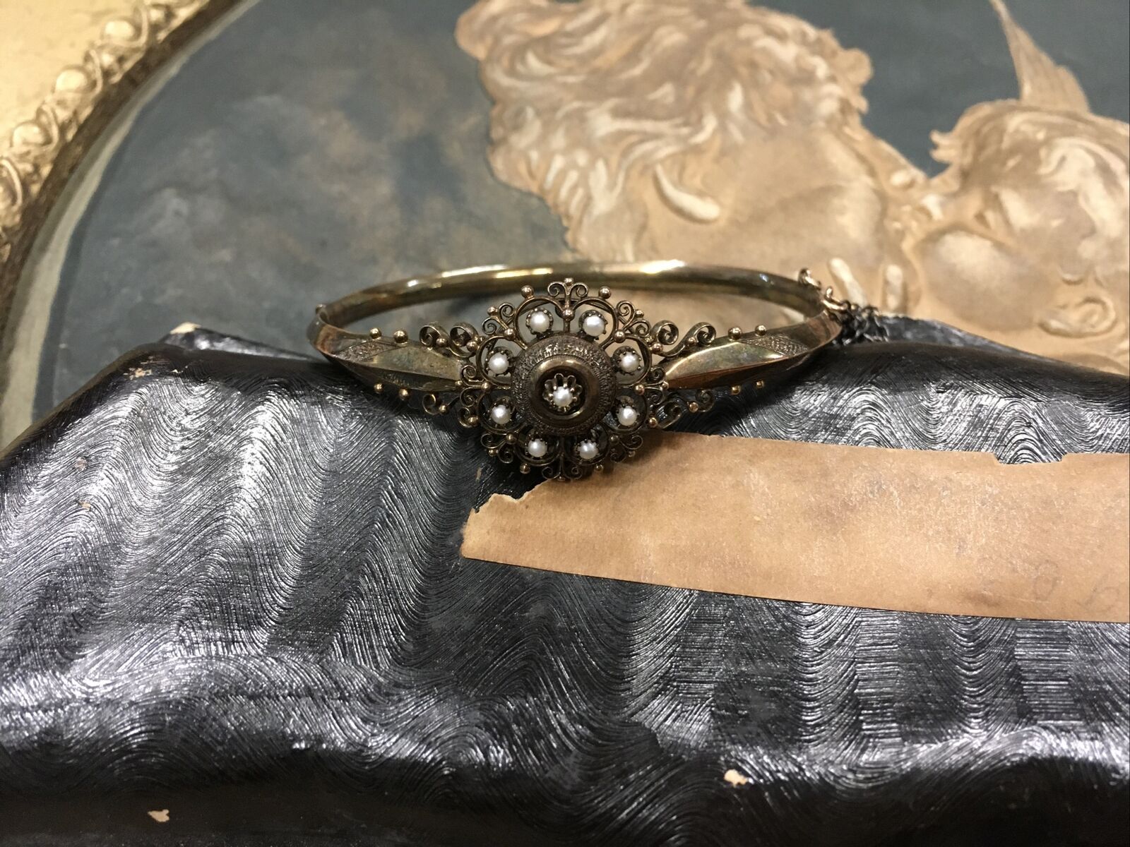 ANTIQUE 1800s GOLD FILLED BANGLE BRACELET SEED PEARLS CHAIN STUNNING