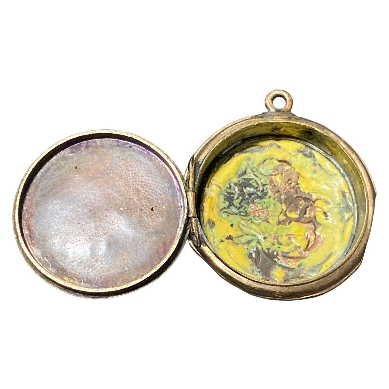 Engraved Floral Enamel Locket 1900s Hair Picture Gold Tone Robin's Egg Blue Roun