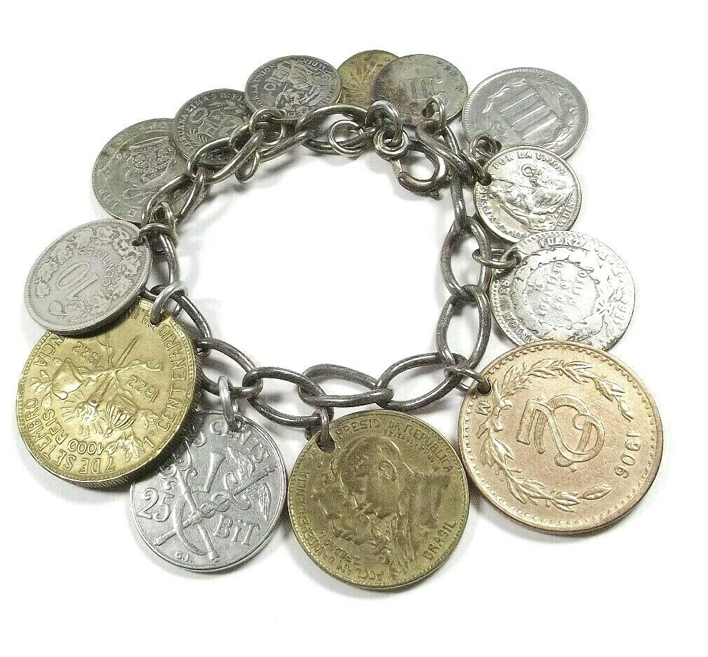 Vintage Coins Sterling Bracelet Foreign US Coins Some Sterling mid 1800s & up da