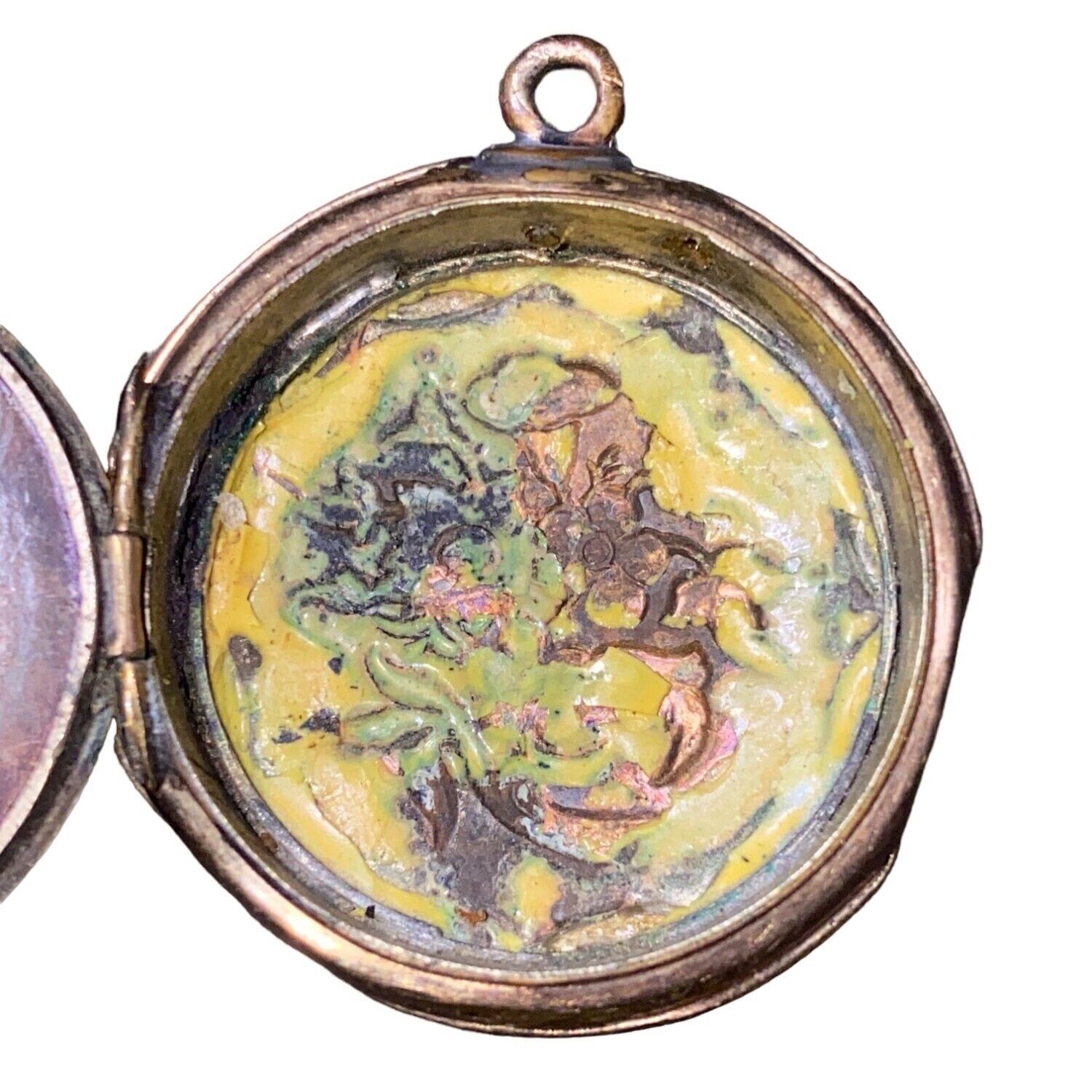 Engraved Floral Enamel Locket 1900s Hair Picture Gold Tone Robin's Egg Blue Roun