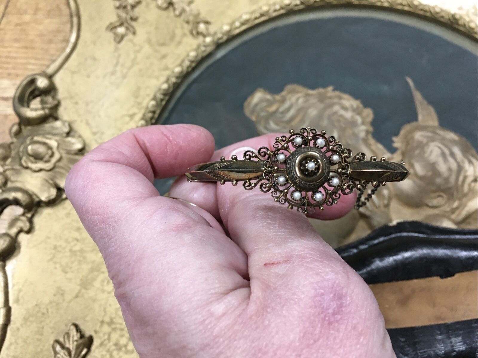 ANTIQUE 1800s GOLD FILLED BANGLE BRACELET SEED PEARLS CHAIN STUNNING