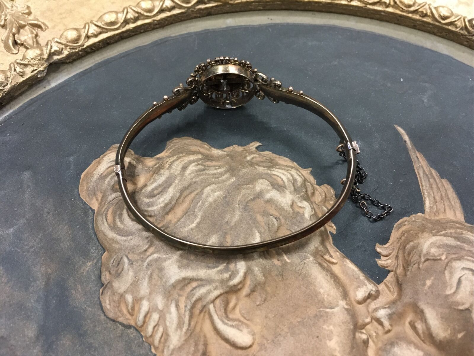 ANTIQUE 1800s GOLD FILLED BANGLE BRACELET SEED PEARLS CHAIN STUNNING