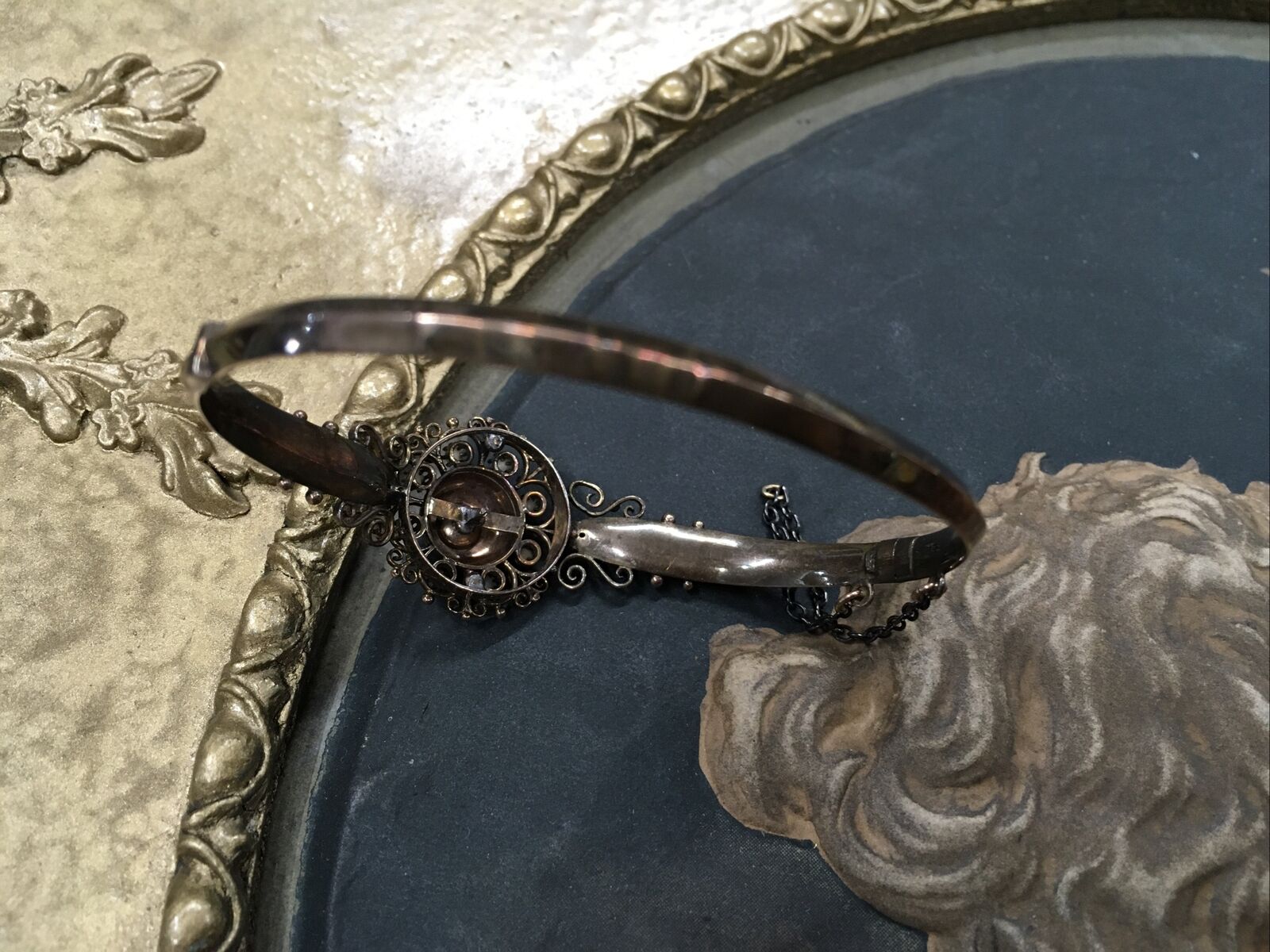 ANTIQUE 1800s GOLD FILLED BANGLE BRACELET SEED PEARLS CHAIN STUNNING