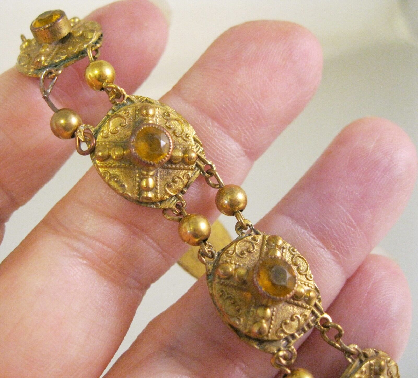 Antique 1800's Victorian Citrine Glass Gold Filled Bracelet 7.5" Jewelry