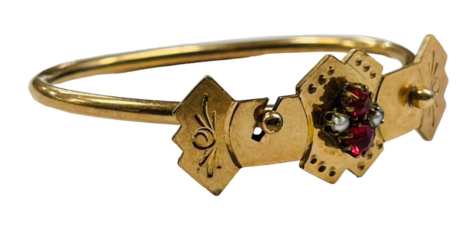 Pair Victorian 1800's Gold Filled Garnet Seed Pearl Cuff Bracelets Locking Clasp