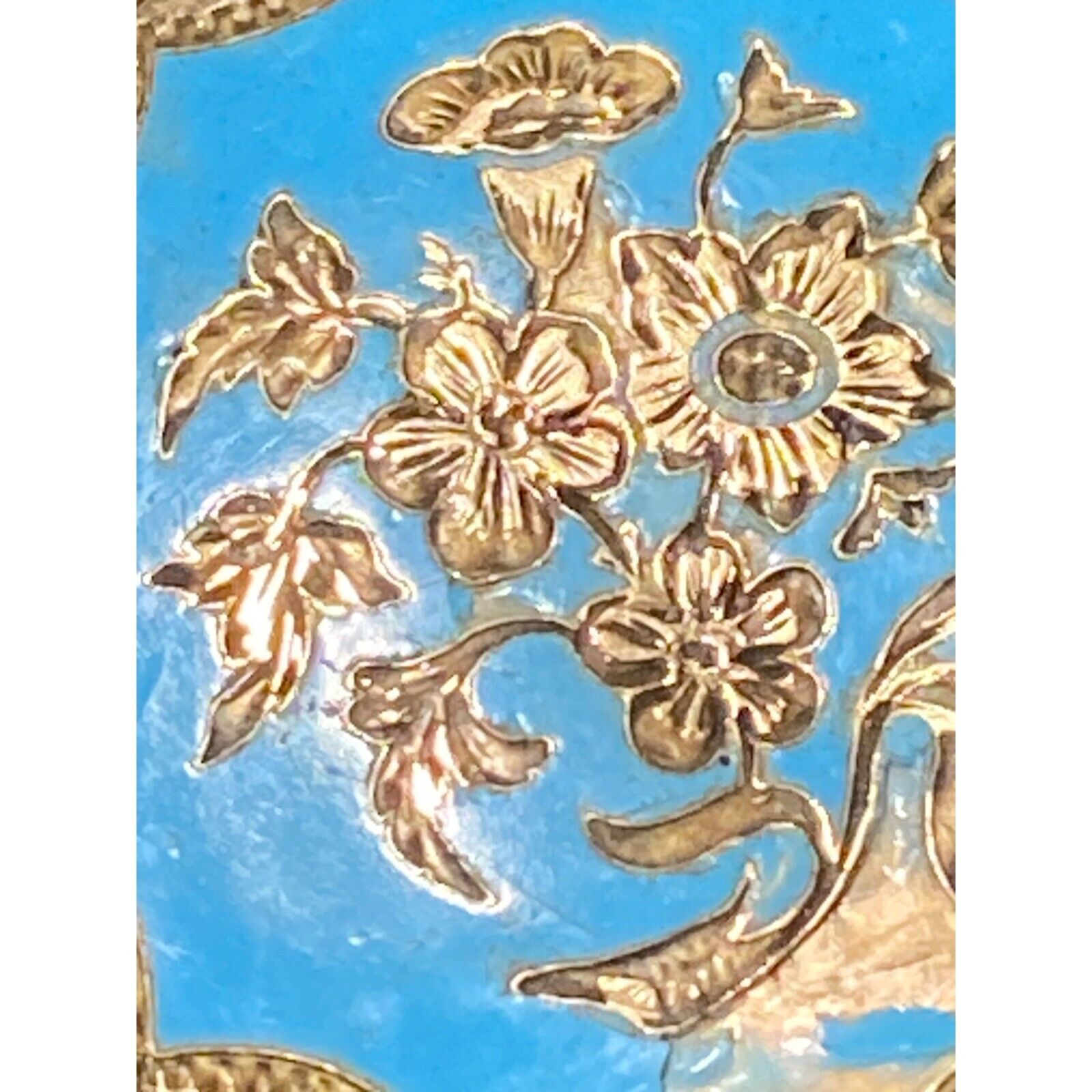 Engraved Floral Enamel Locket 1900s Hair Picture Gold Tone Robin's Egg Blue Roun