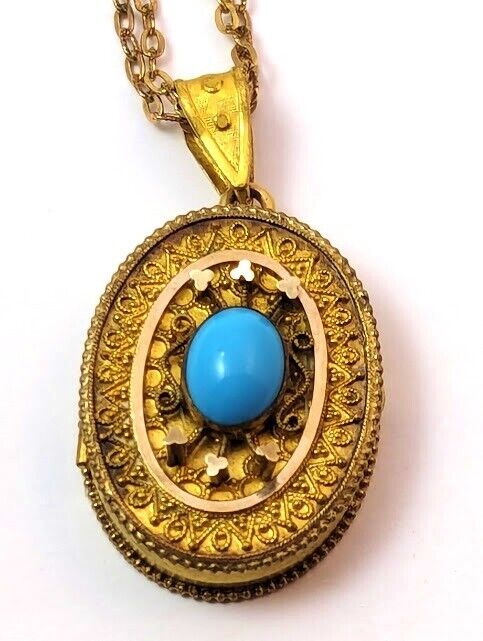 Victorian Locket Pendant with Turquoise, 1900's, Vintage Jewelry