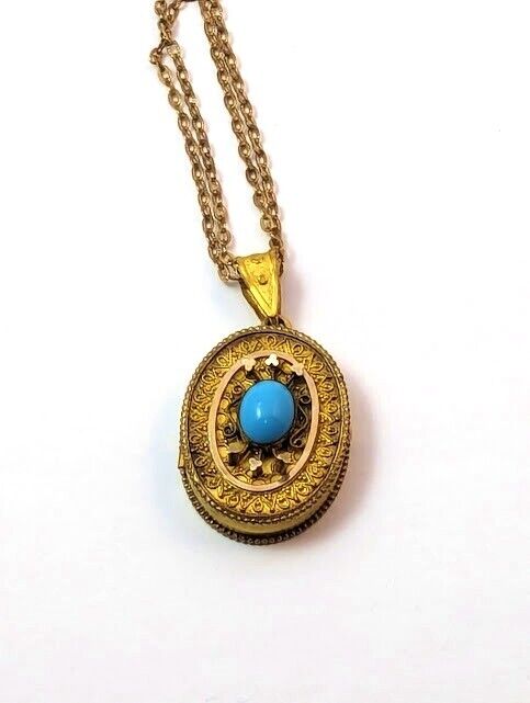 Victorian Locket Pendant with Turquoise, 1900's, Vintage Jewelry