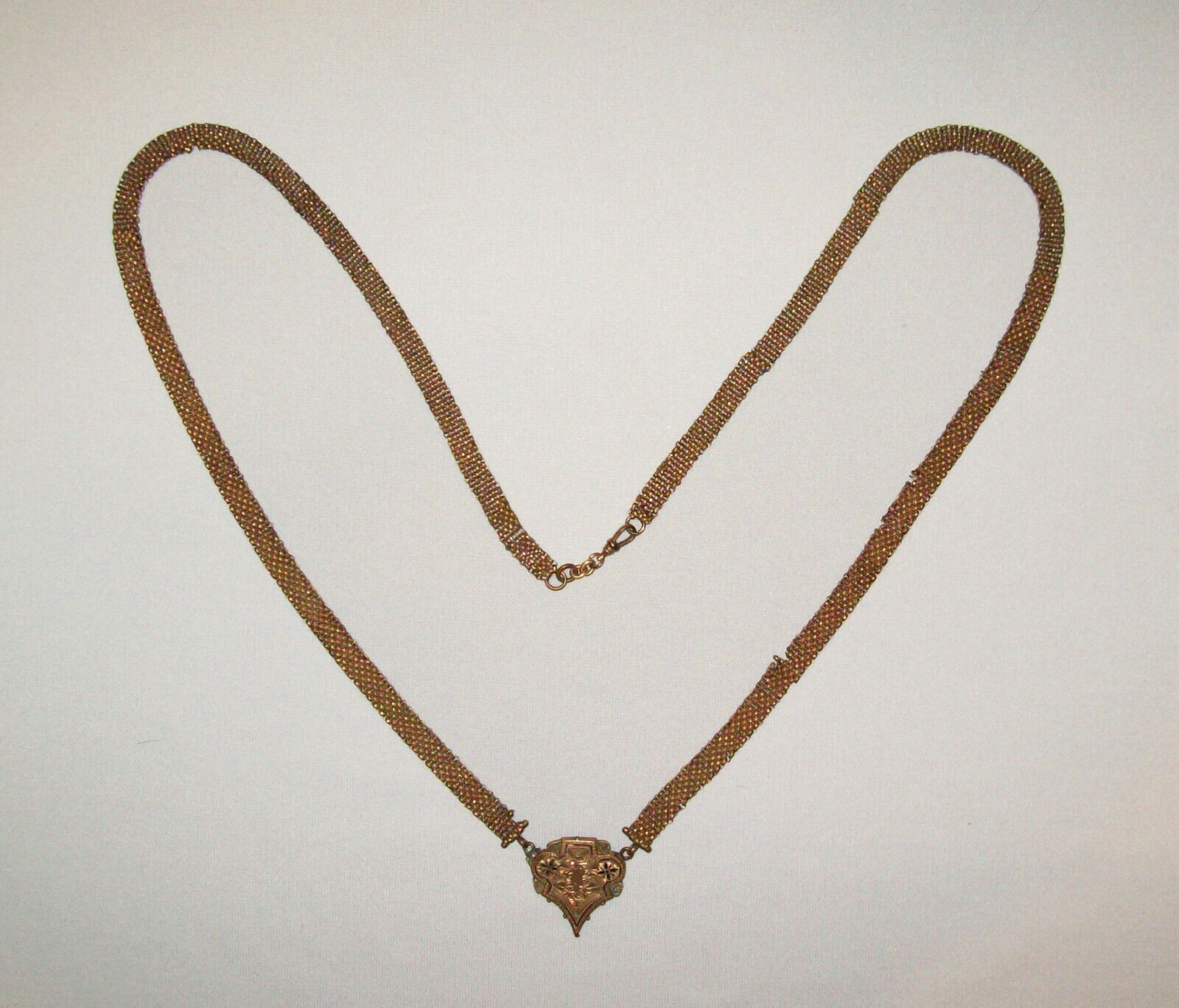 Old Antique Vtg Ca 1900s Long Woven Brass Victorian Pendant Necklace Beautiful