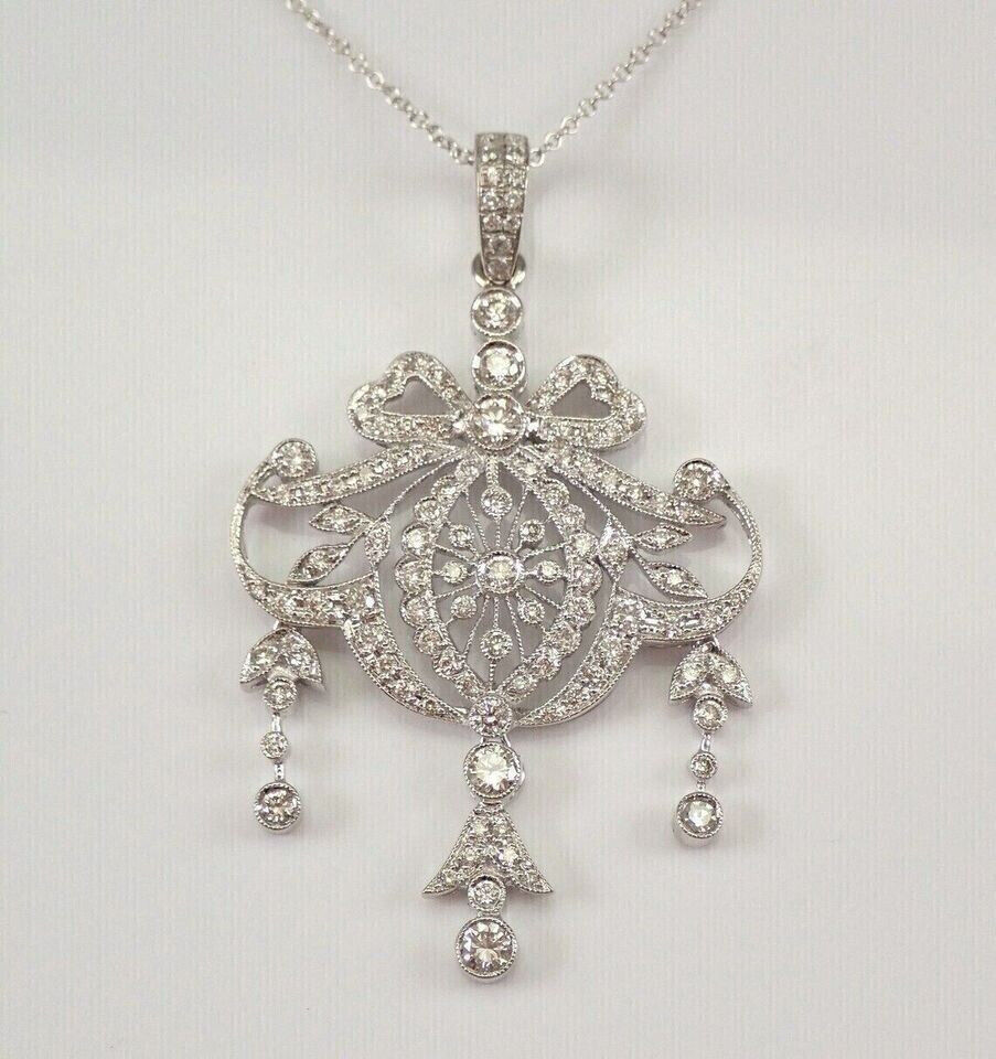 Vintage Circa 1900's Wedding Necklace 14K White Gold Over 2 Ct Simulated Diamond