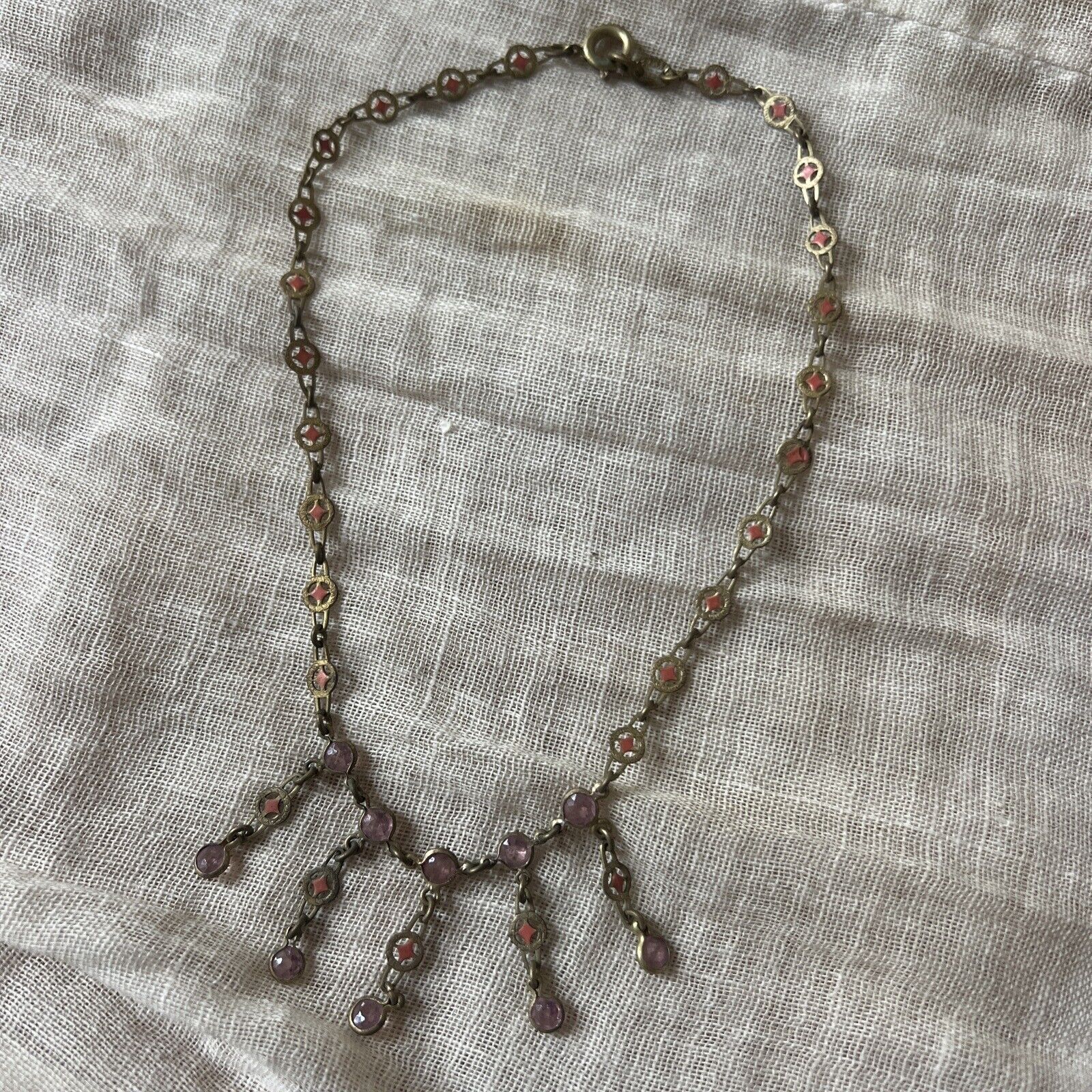 Antique Edwardian 1900s Brass & Pink Rhinestone Dangle Choker Necklace Vintage