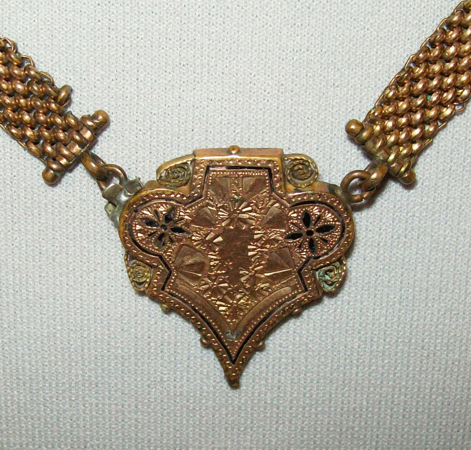 Old Antique Vtg Ca 1900s Long Woven Brass Victorian Pendant Necklace Beautiful