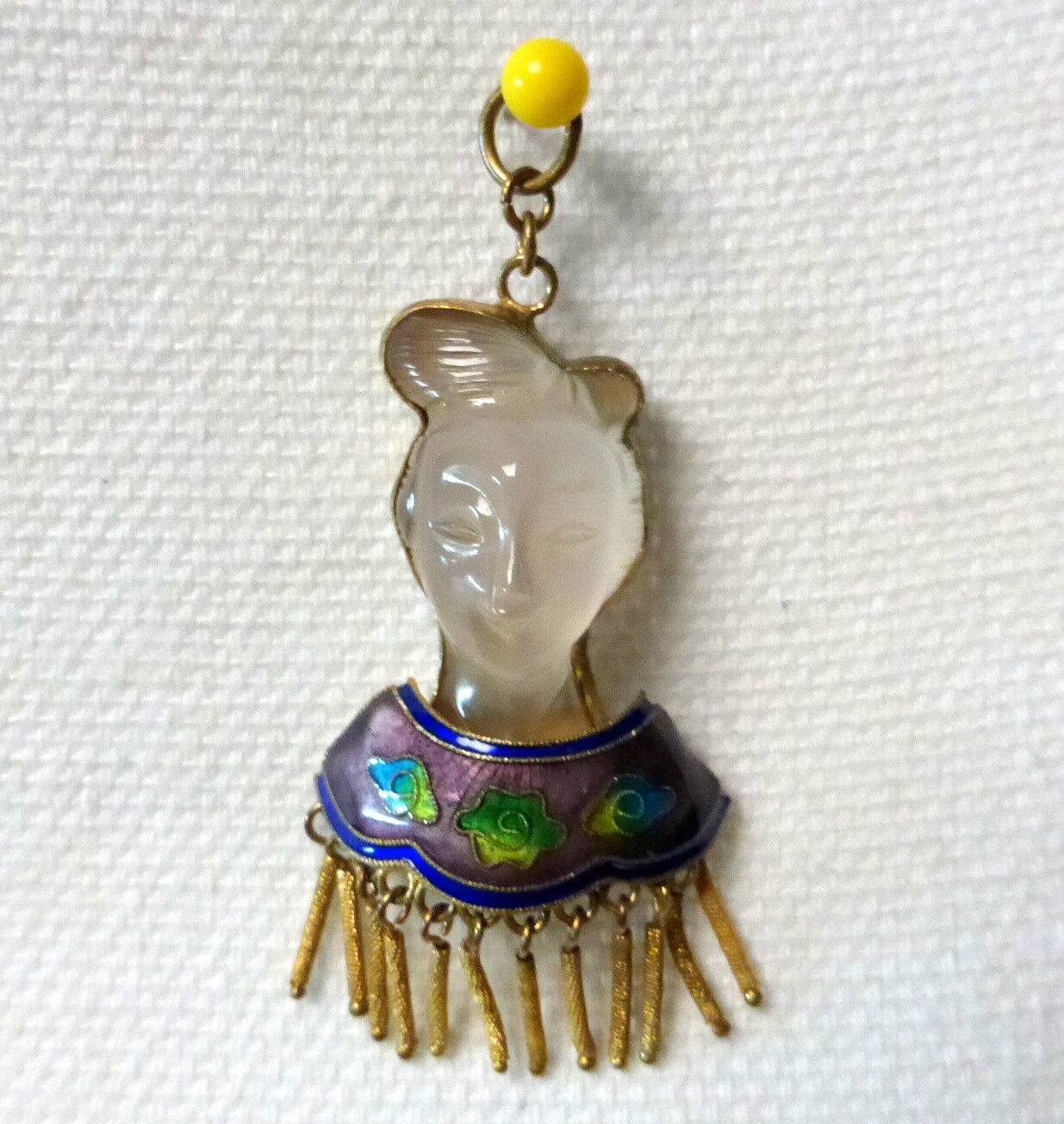 1900s China Export Carved Quartz Asian Face Necklace Pendant Gilt Enamel Silver